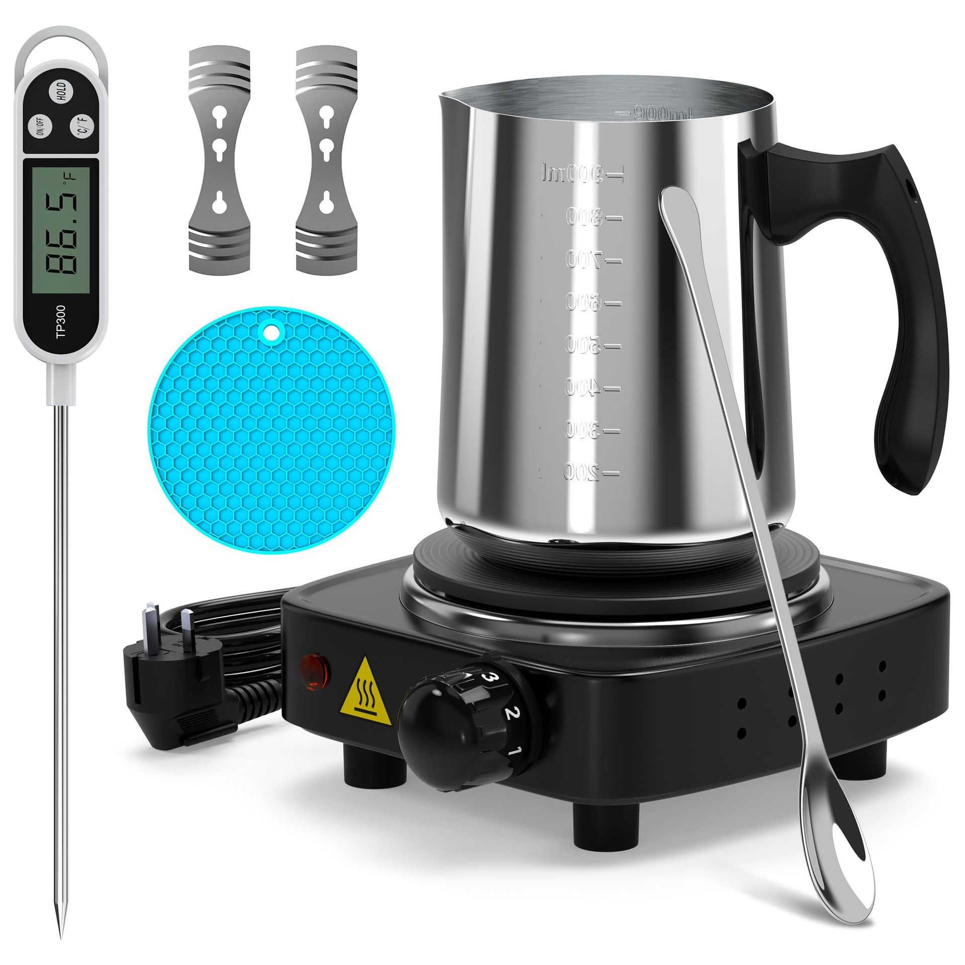 DIY Candle Making Kit with Electric Wax Melter Hot Plate, Pouring Pot, Thermometer & Accessories - Silvery Medium