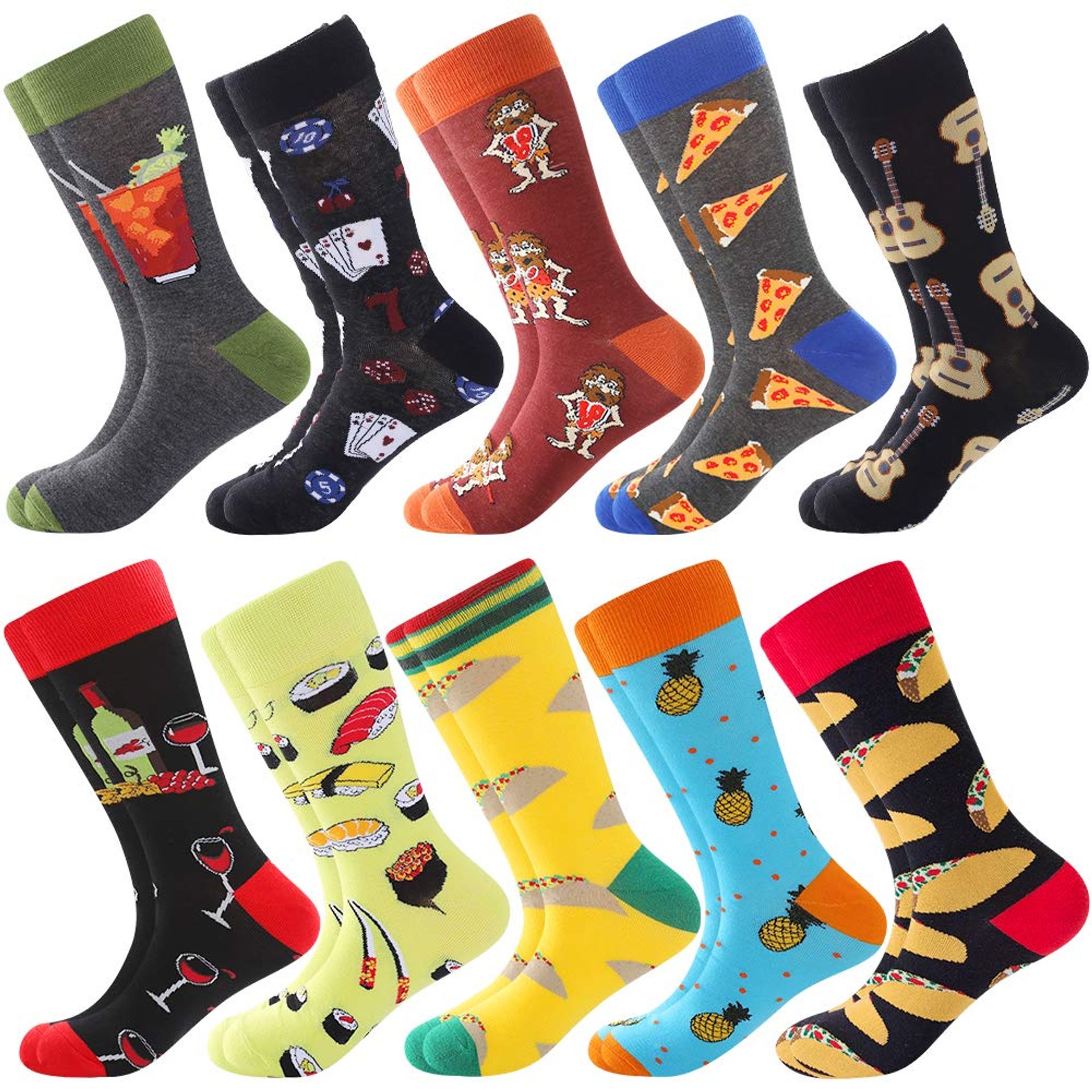 Men's Fun Dress Socks Colourful Novelty Combed Cotton Mid Calf Office Socks 10 Pairs - Pizza UK 6-11