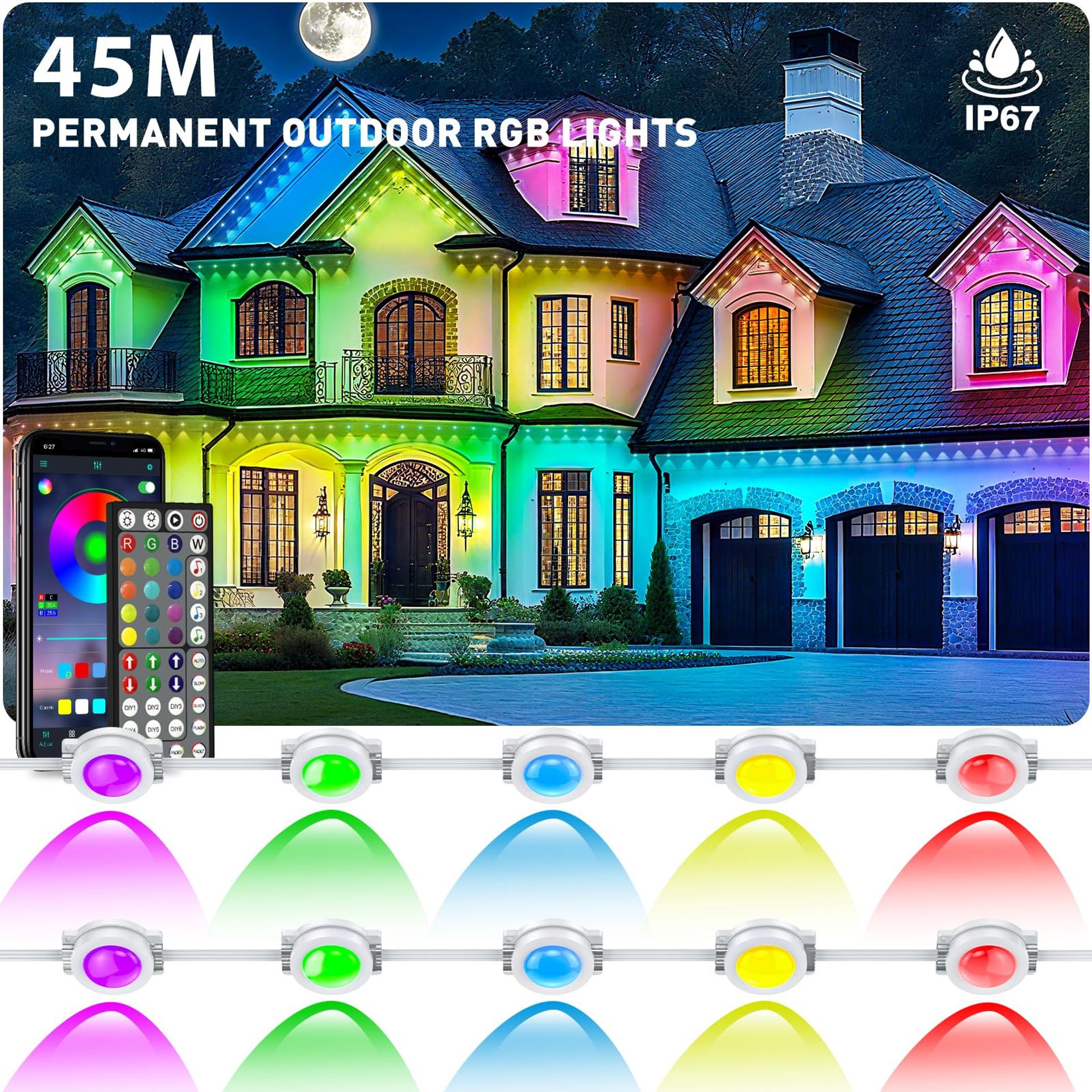 Permanent Outdoor Eaves Lights RGB App & Remote Control DIY Scene Modes IP67 Waterproof 45m for Garden, House & Holiday Decor - RGB 45M