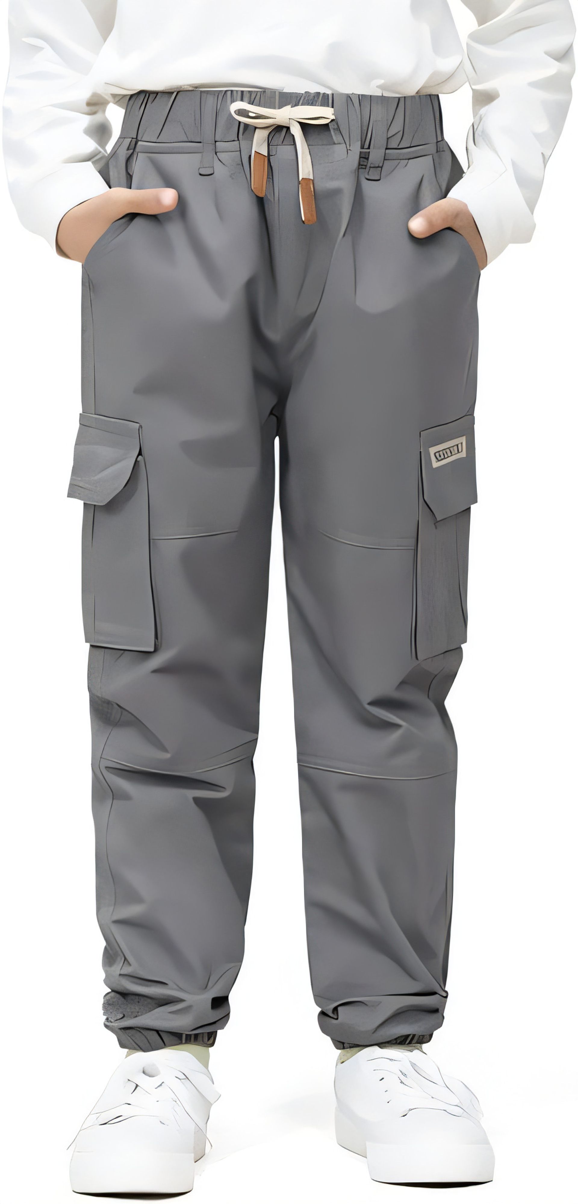 Boys Cargo Trousers Elastic Waist Jogger Pants with Multi Pockets - Grey 7-8 Years