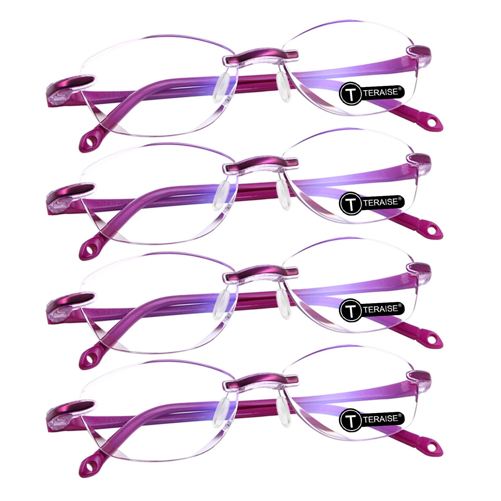 Reading Glasses Anti-Blue Light Lightweight Diamond Cut Design 4 Pack - Pink Rectangle