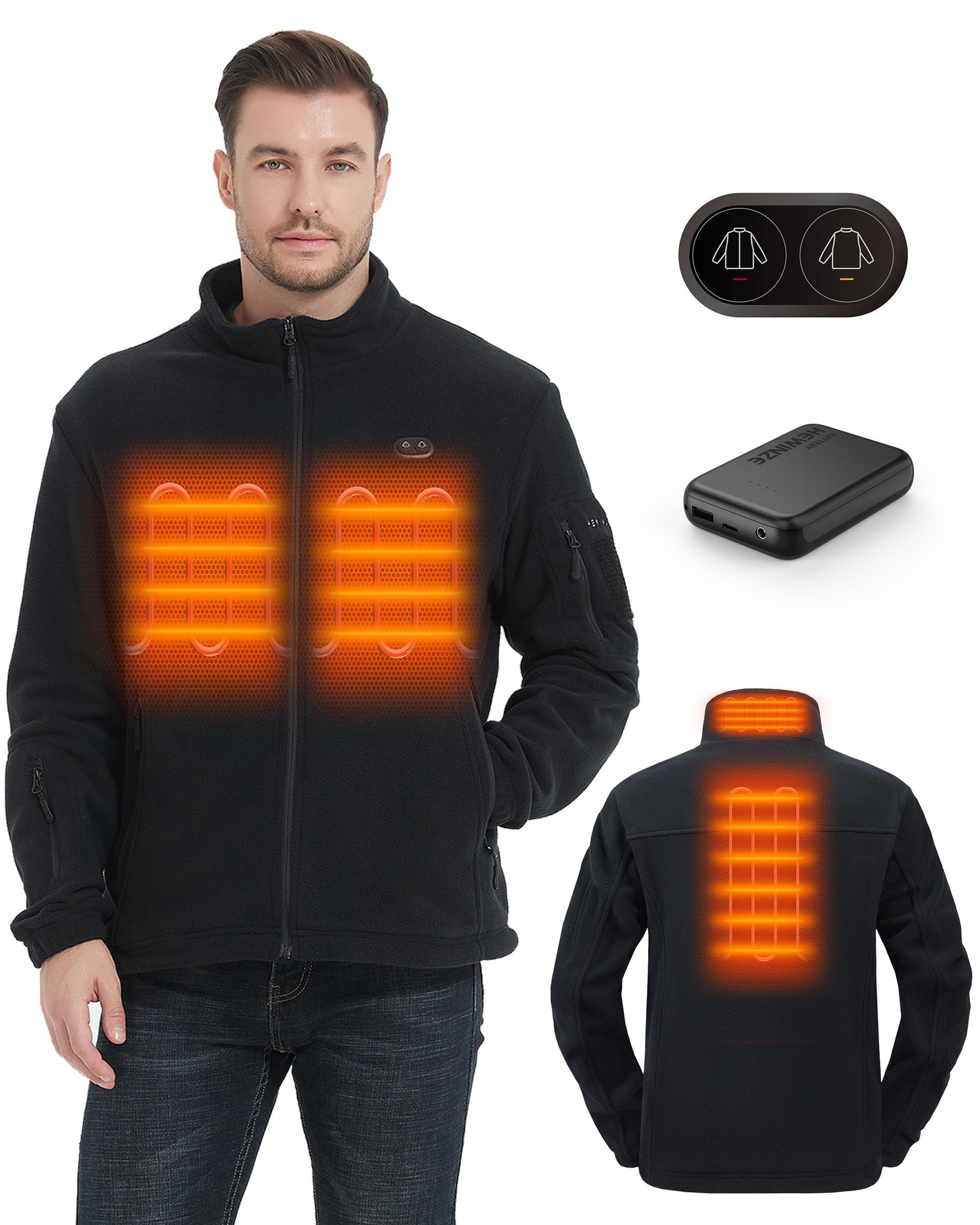 Men's Heated Fleece Jacket Dual-Control 7.4V Battery Rechargeable Thermal Coat - Black Large