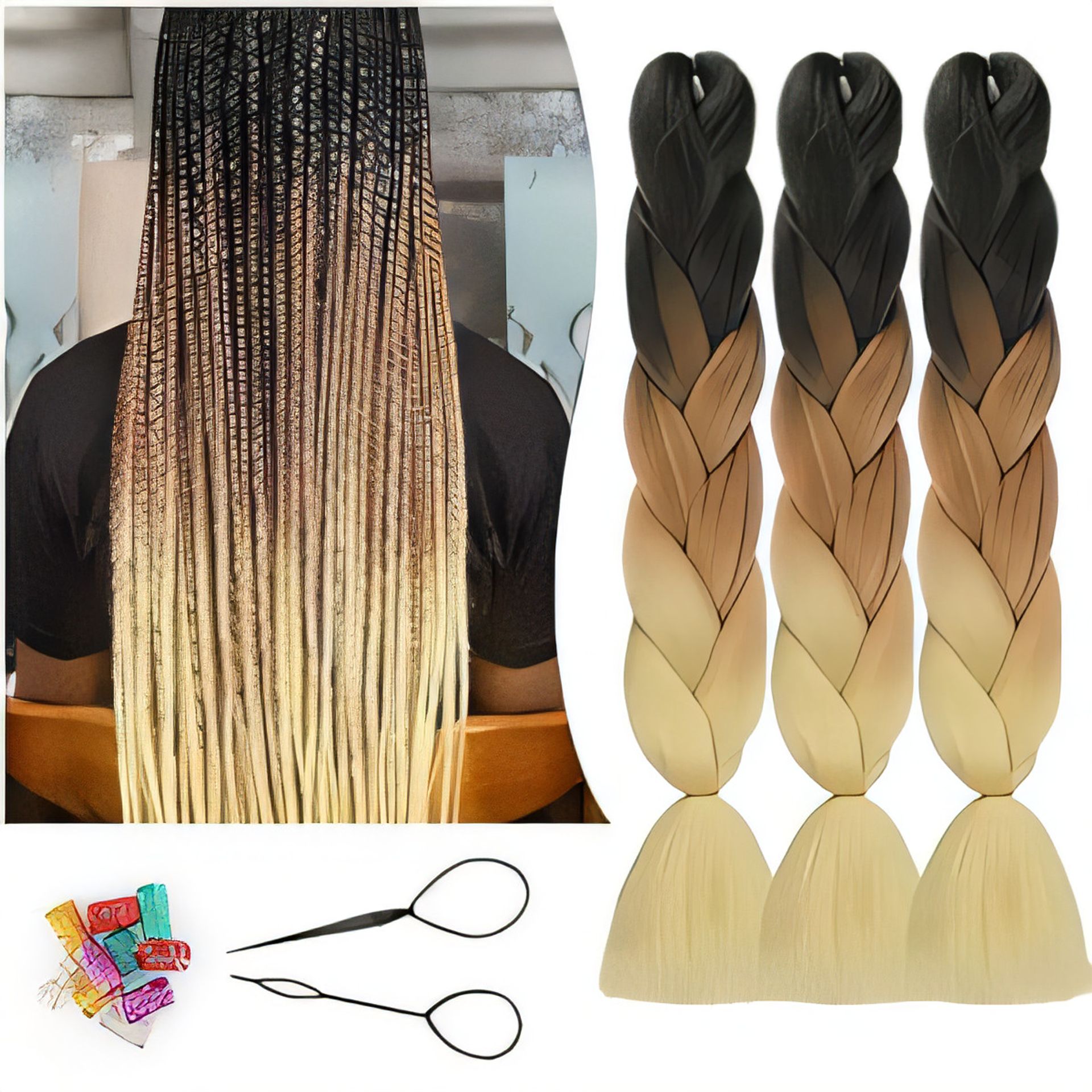 Braiding Hair Extensions 24in Synthetic Jumbo Ombre Plaiting for Box, Twist & Crochet Styles - Black/Brown/Creamy White 24in - Valentines