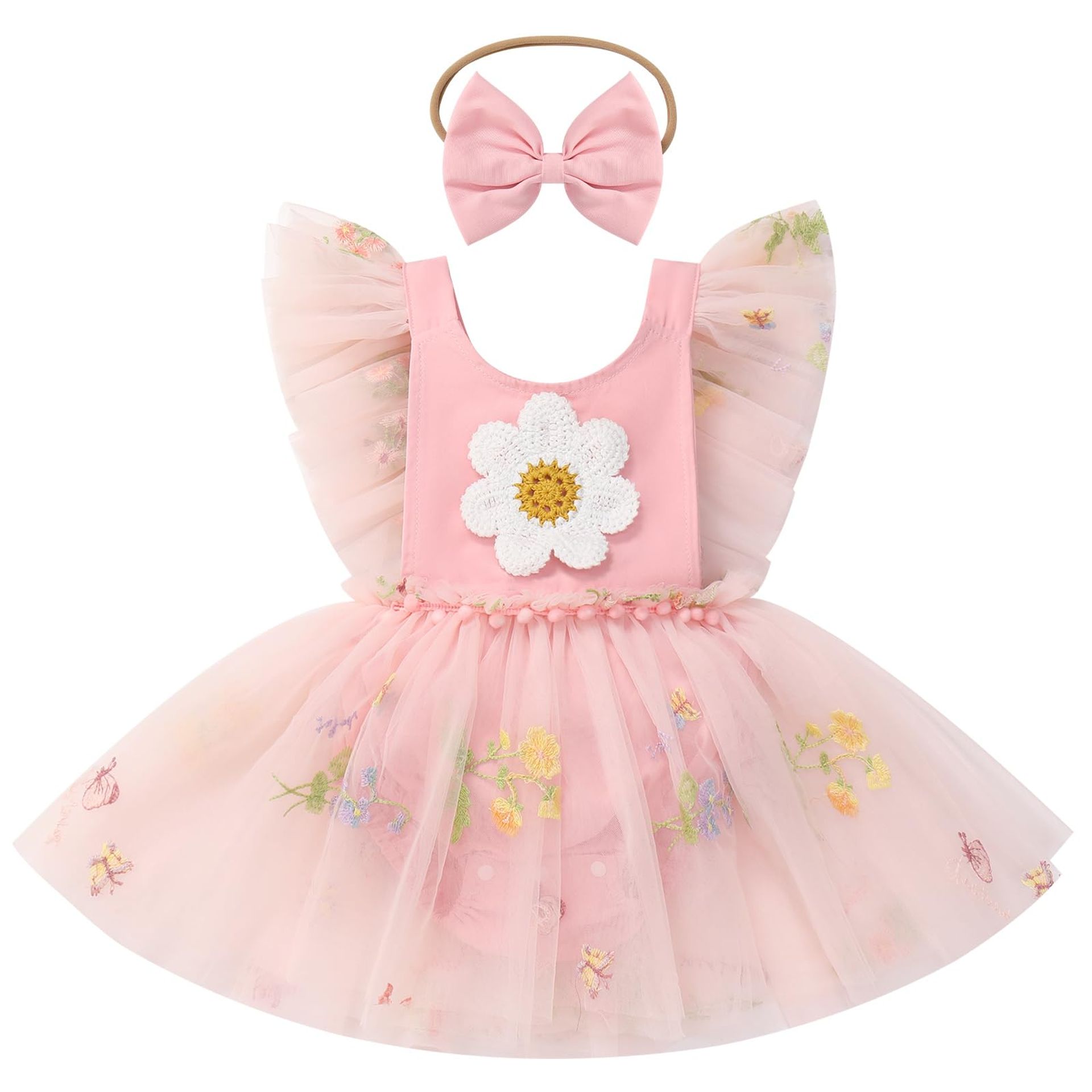 Baby Girl Princess Tutu Romper Dress Floral Embroidery Backless Outfit for 1st Birthday Party - Pink Floral 6-12 Months