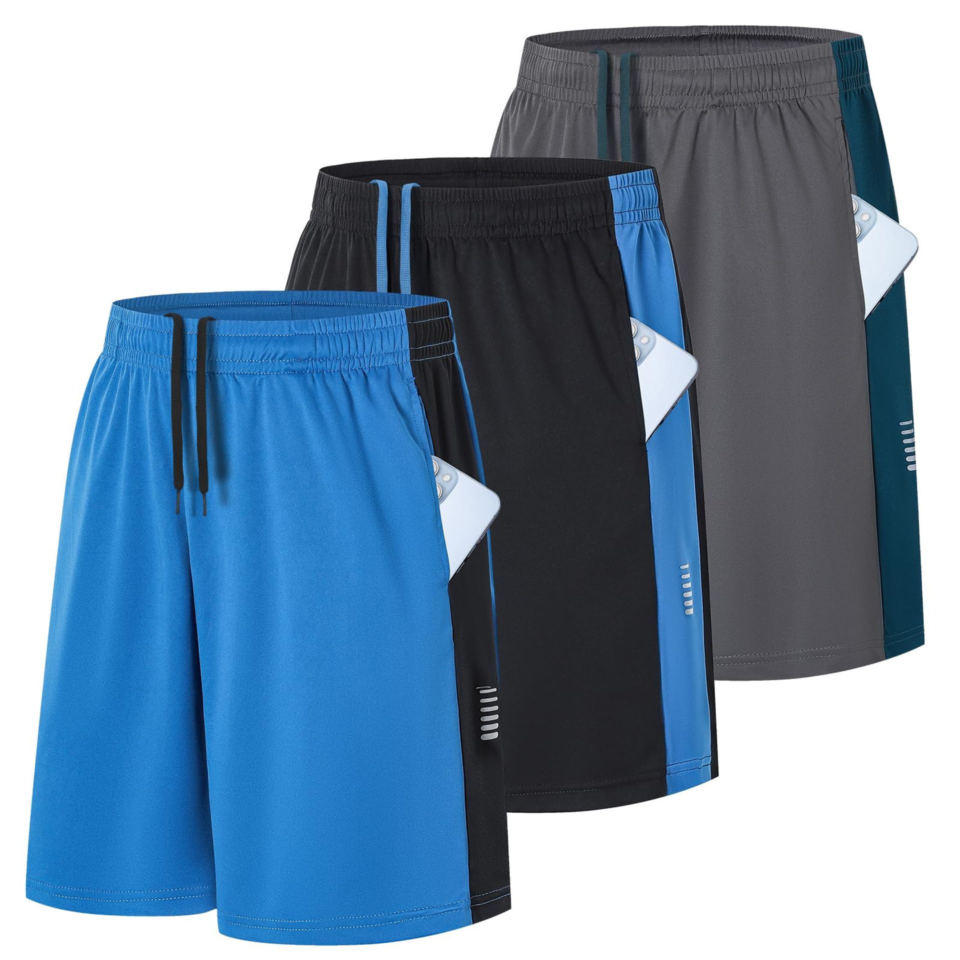 Men's 3 Pack Gym Shorts Quick Dry Breathable Lightweight Workout Sportswear with Pockets - Black Grey Blue S