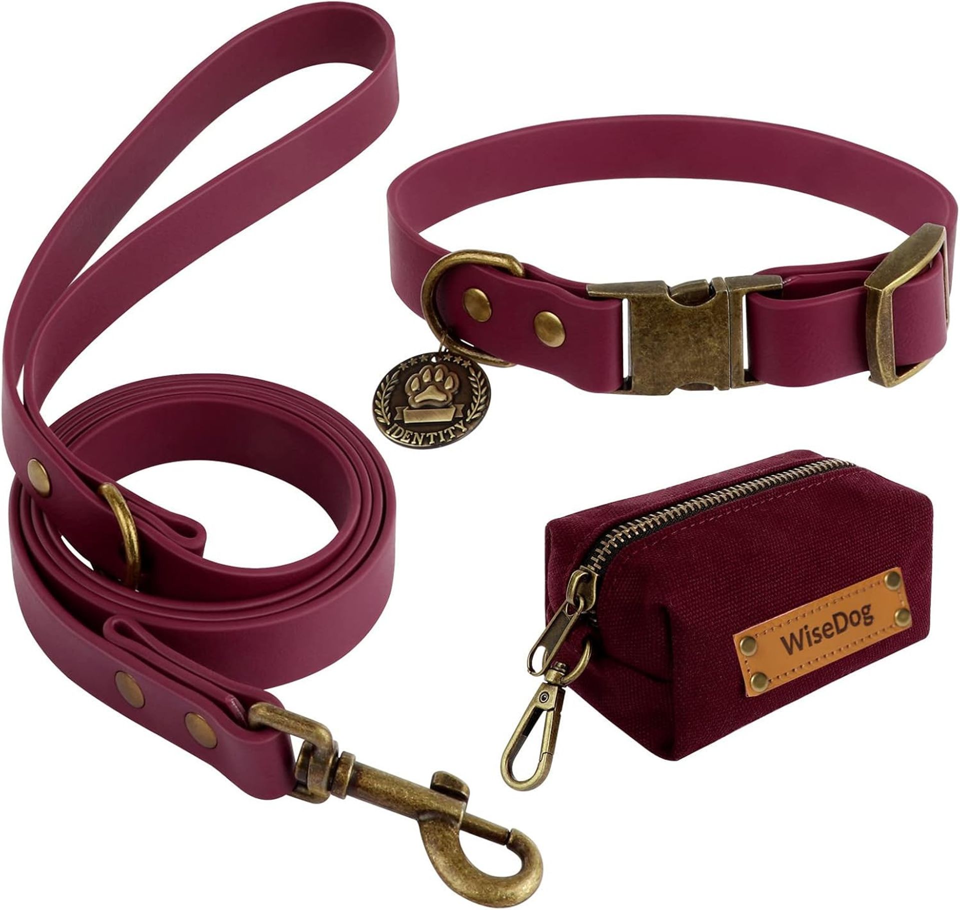 Dog Collar and Lead Set Retro Classical Adjustable Waterproof with Poop Bag Dispenser for All Dog Sizes - Burgundy XS