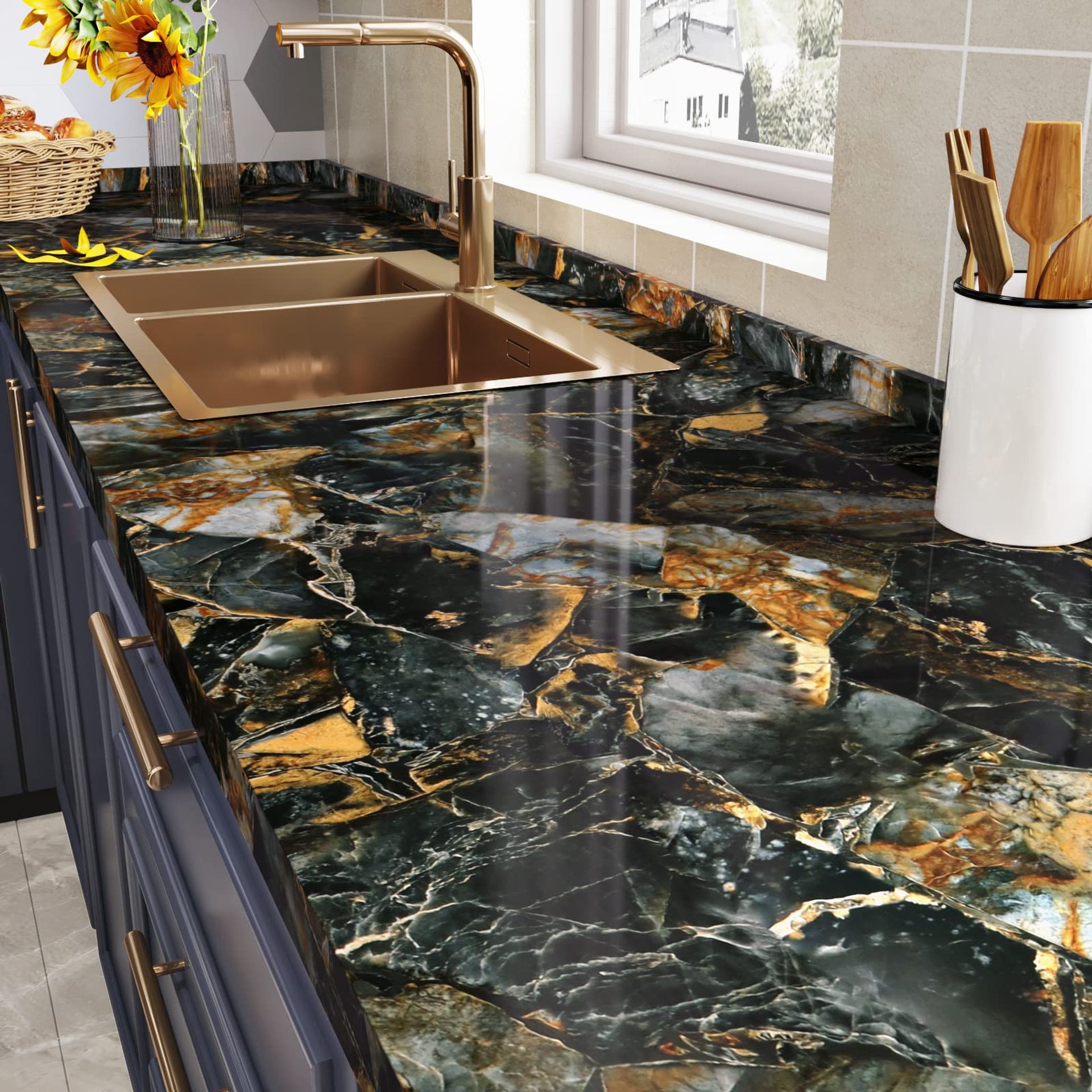 Self Adhesive Kitchen Worktop Covering Marble Vinyl Wrap Waterproof Peel & Stick Wallpaper - Black Gold 60CM x 300CM