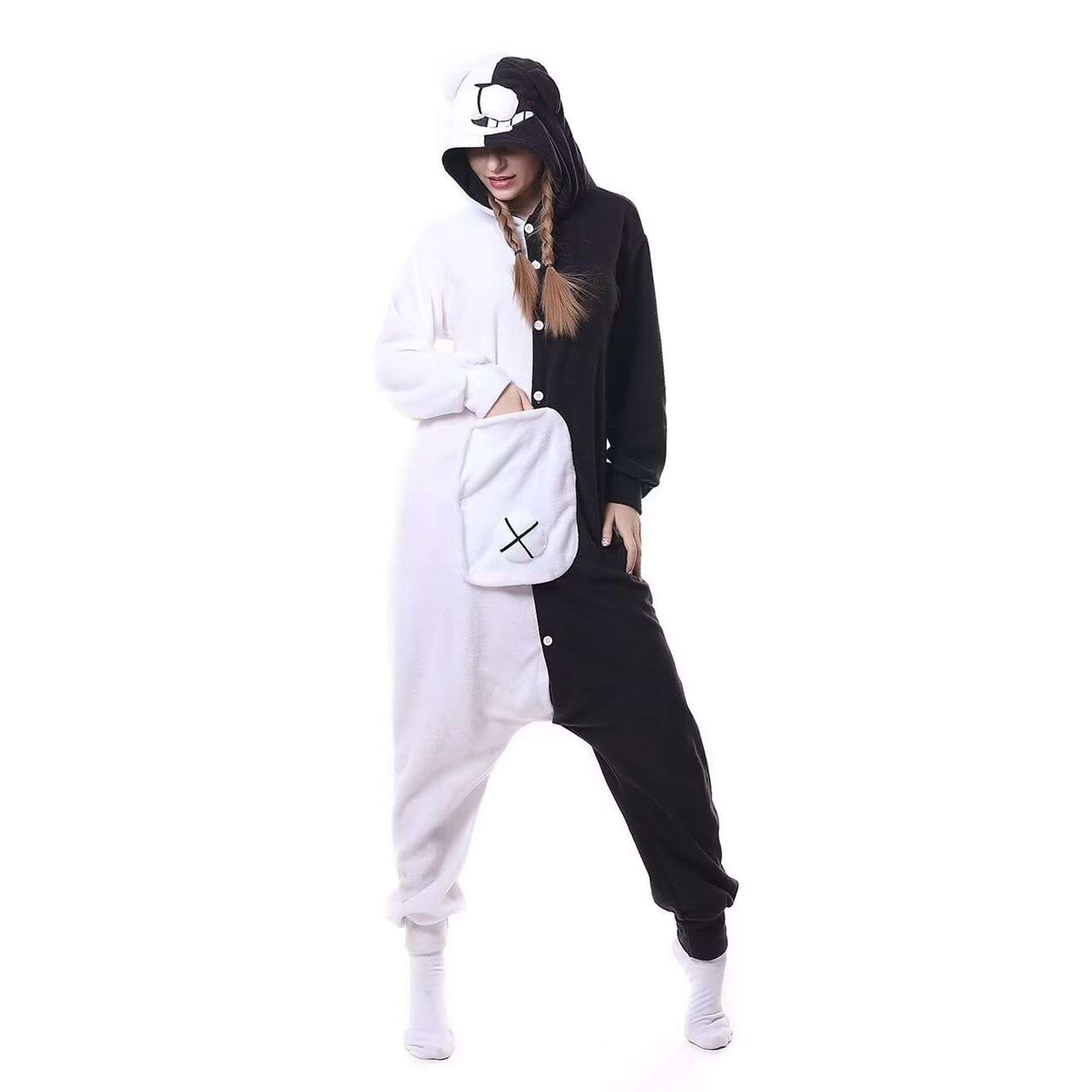 Unisex Pajamas Onesie Cosy Fleece Animal Costume for Adults Fancy Dress - Black & White Bear XL