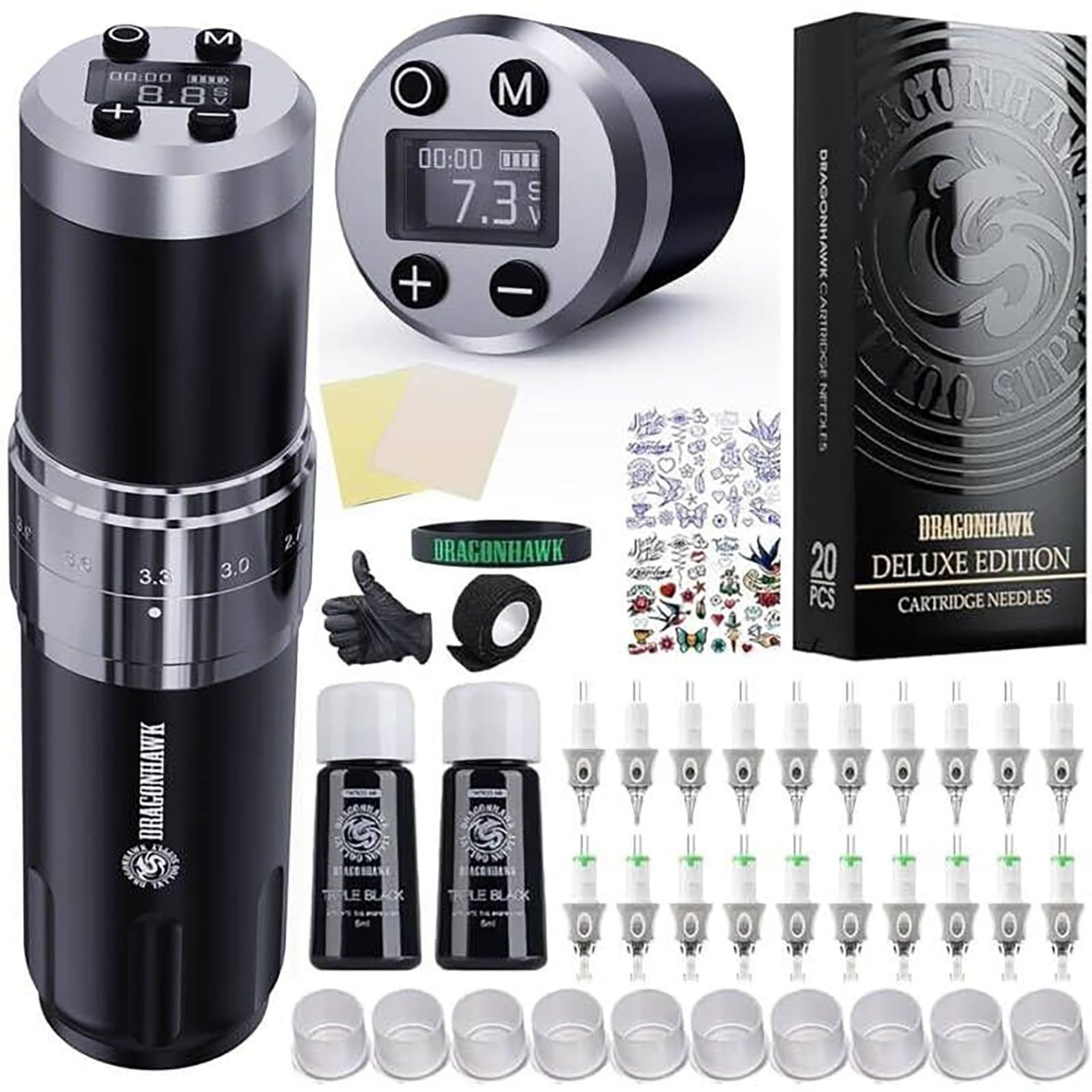 Wireless Rotary Tattoo Machine Pen Kit with 2 Batteries and 20 Cartridges for Beginners - Black