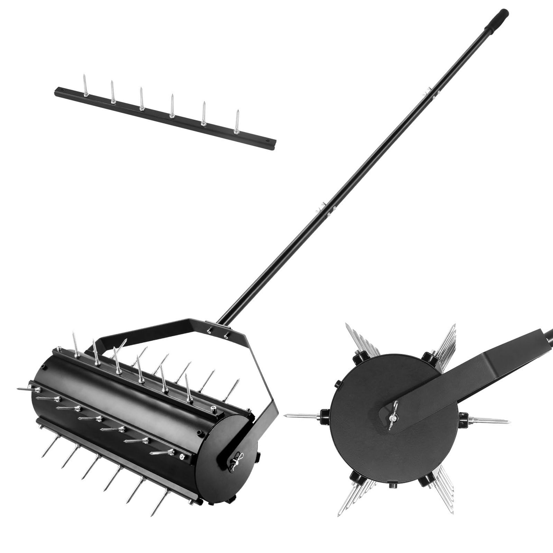 Garden Rolling Lawn Aerator Heavy Duty Manual Tool with Detachable Handle and Long 6cm Spikes - Black Type A