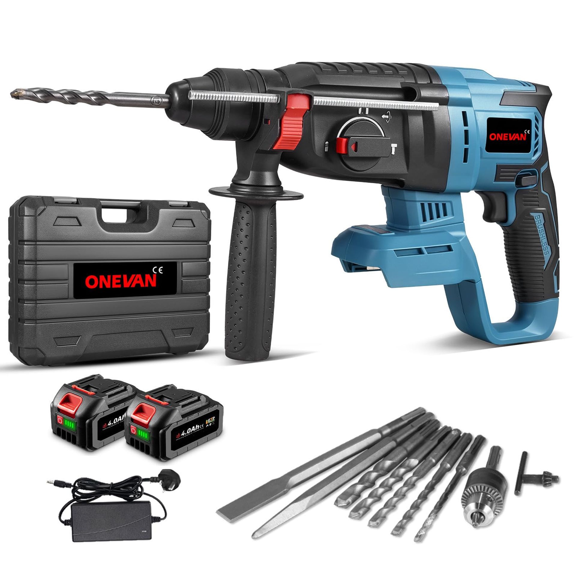 Cordless Hammer Drill 800W Brushless Power Tool with 3 Modes, 2×4.0Ah Batteries, 10 Accessories & Carry Case - Black 800W
