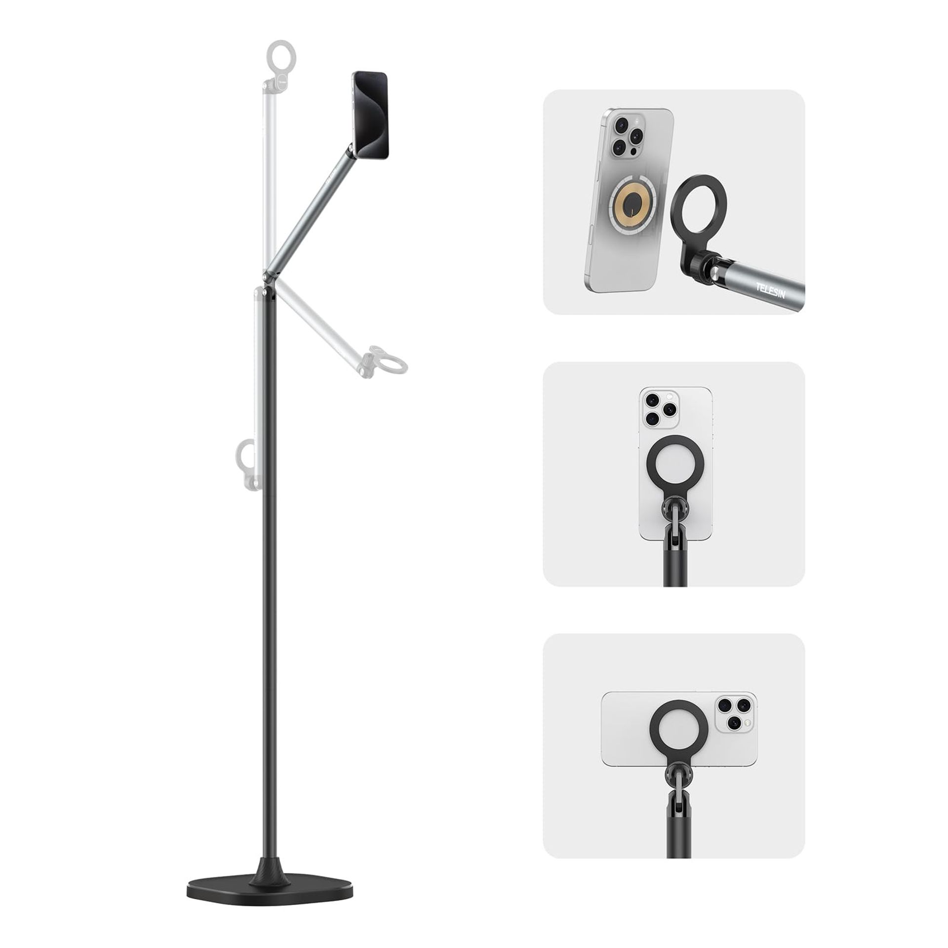Magnetic Tablet & Phone Floor Stand Adjustable Height for iPad, iPhone, Android, Vlogging & Live Streaming - Black Heavy Duty Base