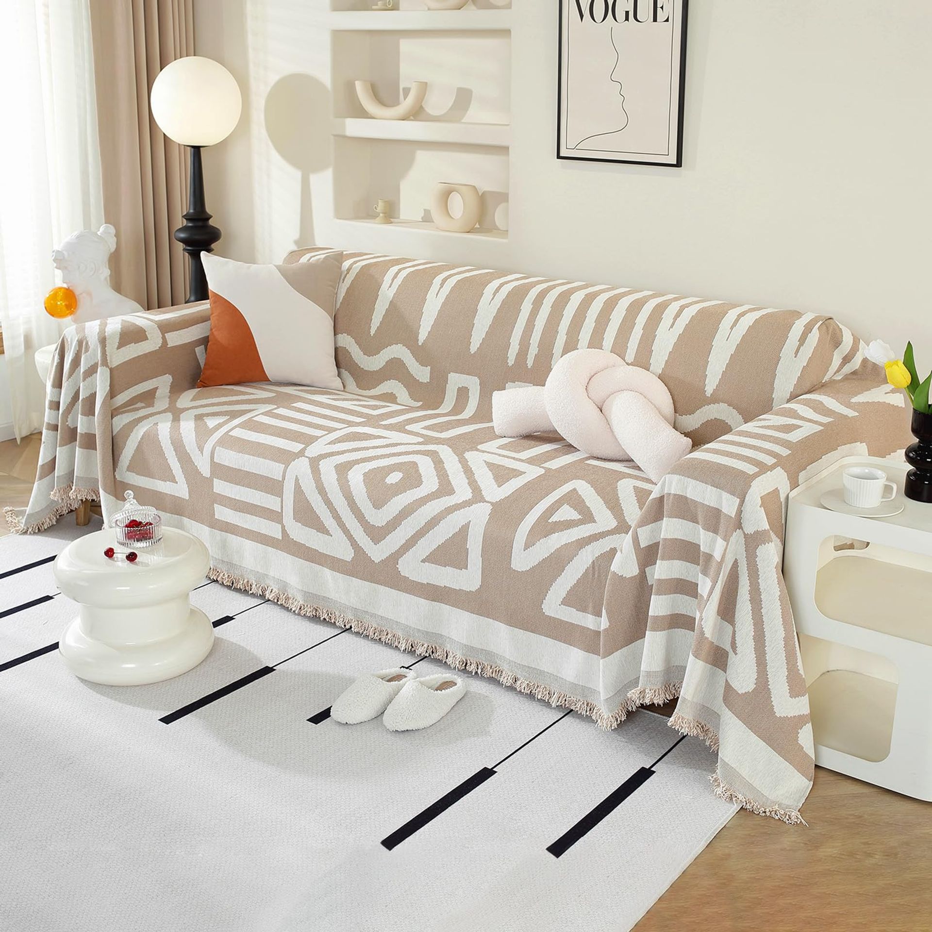 Boho Sofa Cover 4 Seater Corner Couch Protector Washable Tassel Design – Coffee 180x380cm - Spring Refresh