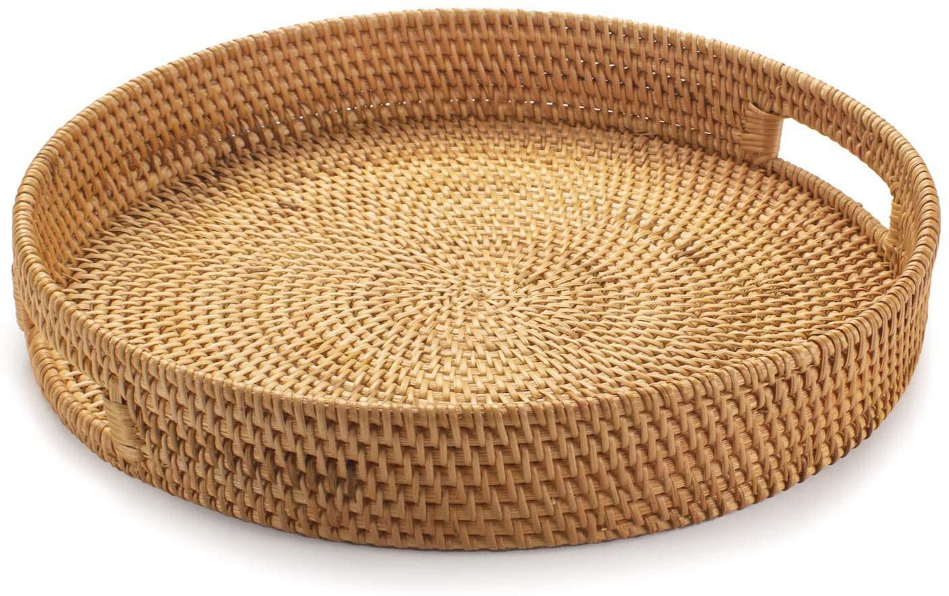 Rattan Round Serving Tray Hand-Woven Wicker Basket with Cut-Out Handles for Fruit, Bread or Drinks - Natural 34 cm - Spring Refresh