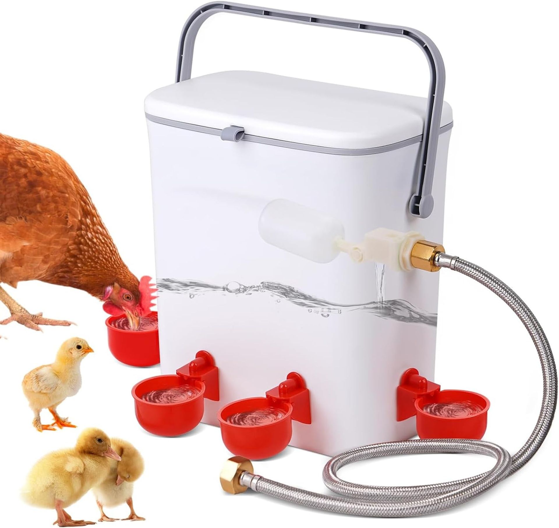 Large Chicken Water Drinker 9L Automatic Poultry Water Feeder with Float Valve & 4 Drinker Cups - White JSX-S001