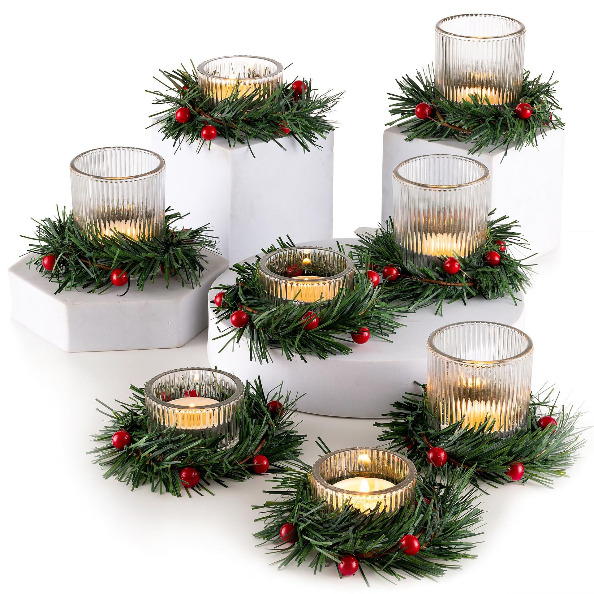 Christmas Glass Tea Light Candle Holders with Green Wreath Rings Set of 24 for Table Centrepieces and Festive Decor - Transparent S+L