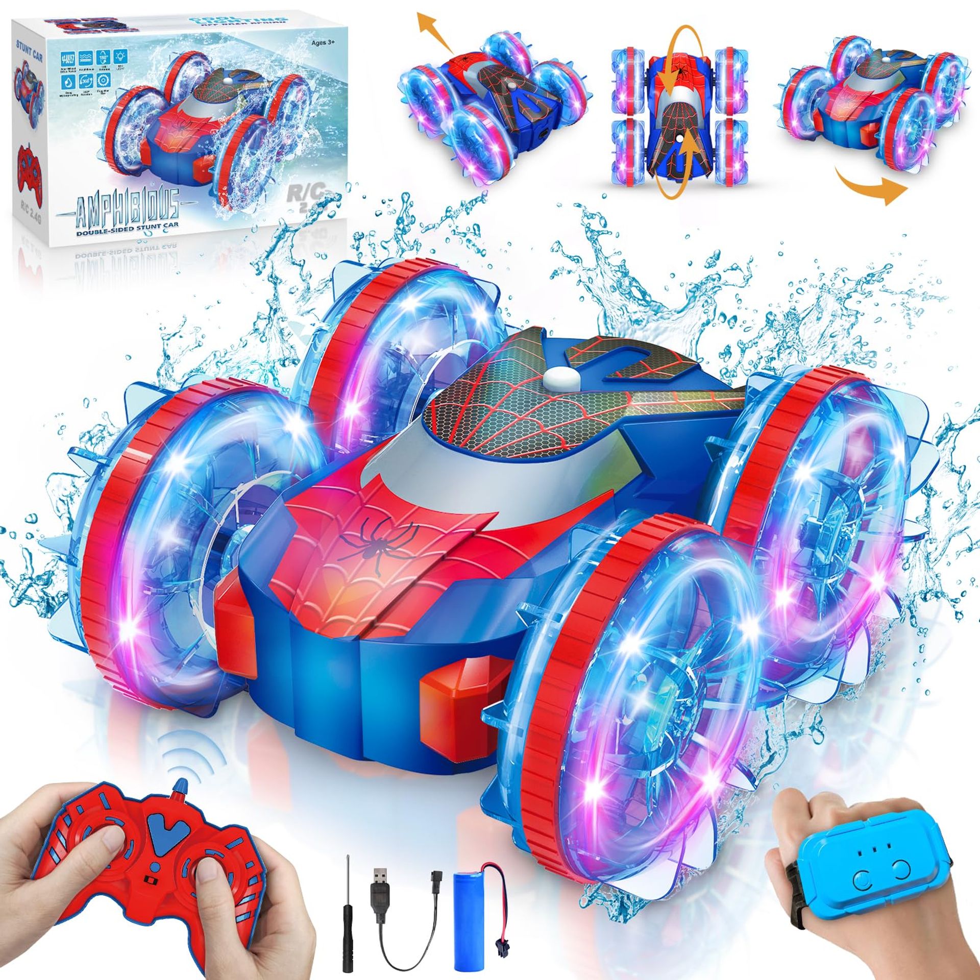 Remote Control Amphibious Car 4WD Waterproof 360° Rotation with LED Lights & Gesture/Handle Control for Kids - Red/Blue 5.5 pulgadas