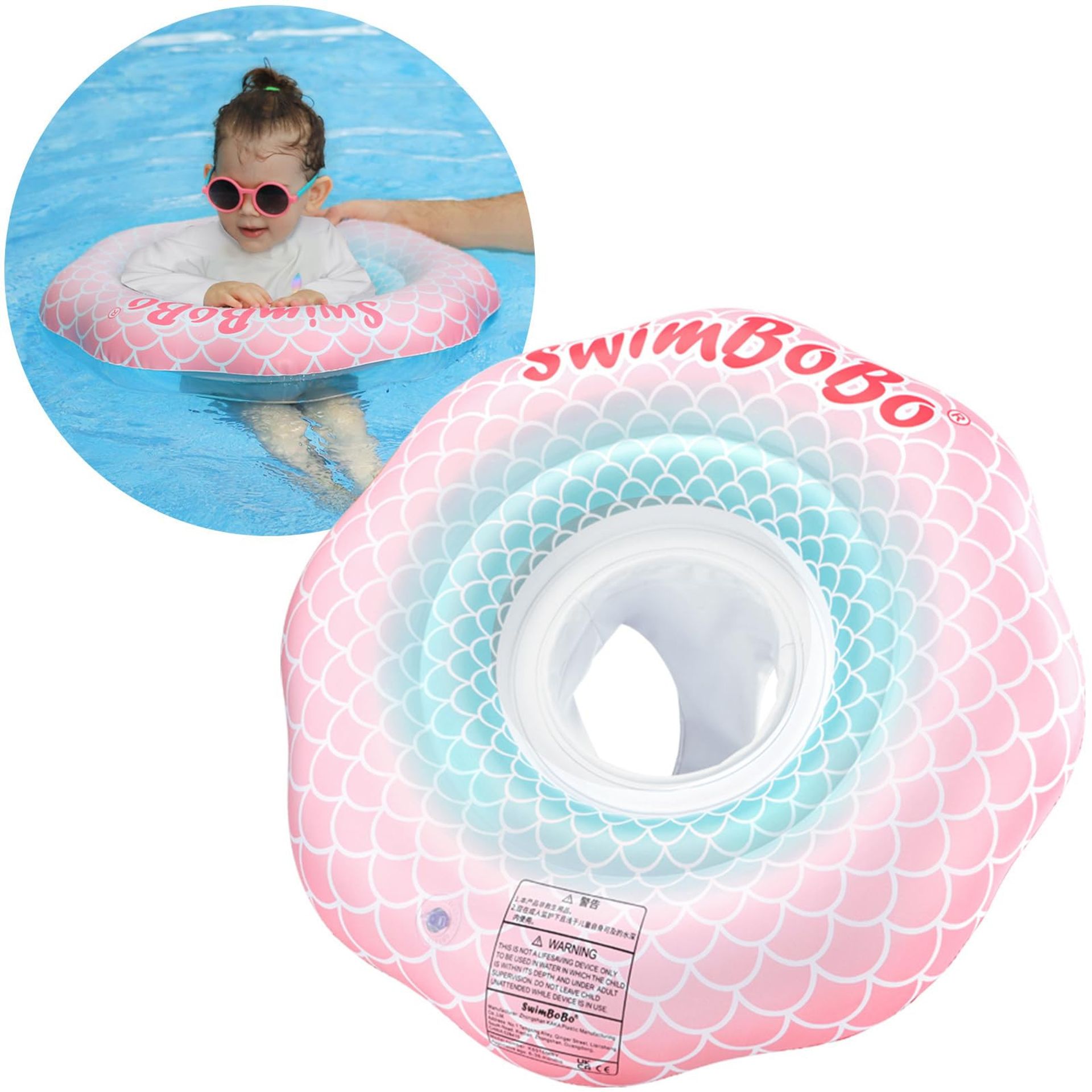 Inflatable Baby Swimming Float with Safety Seat for Toddlers 6-36 Months - Pink Mermaid 10in x 5in