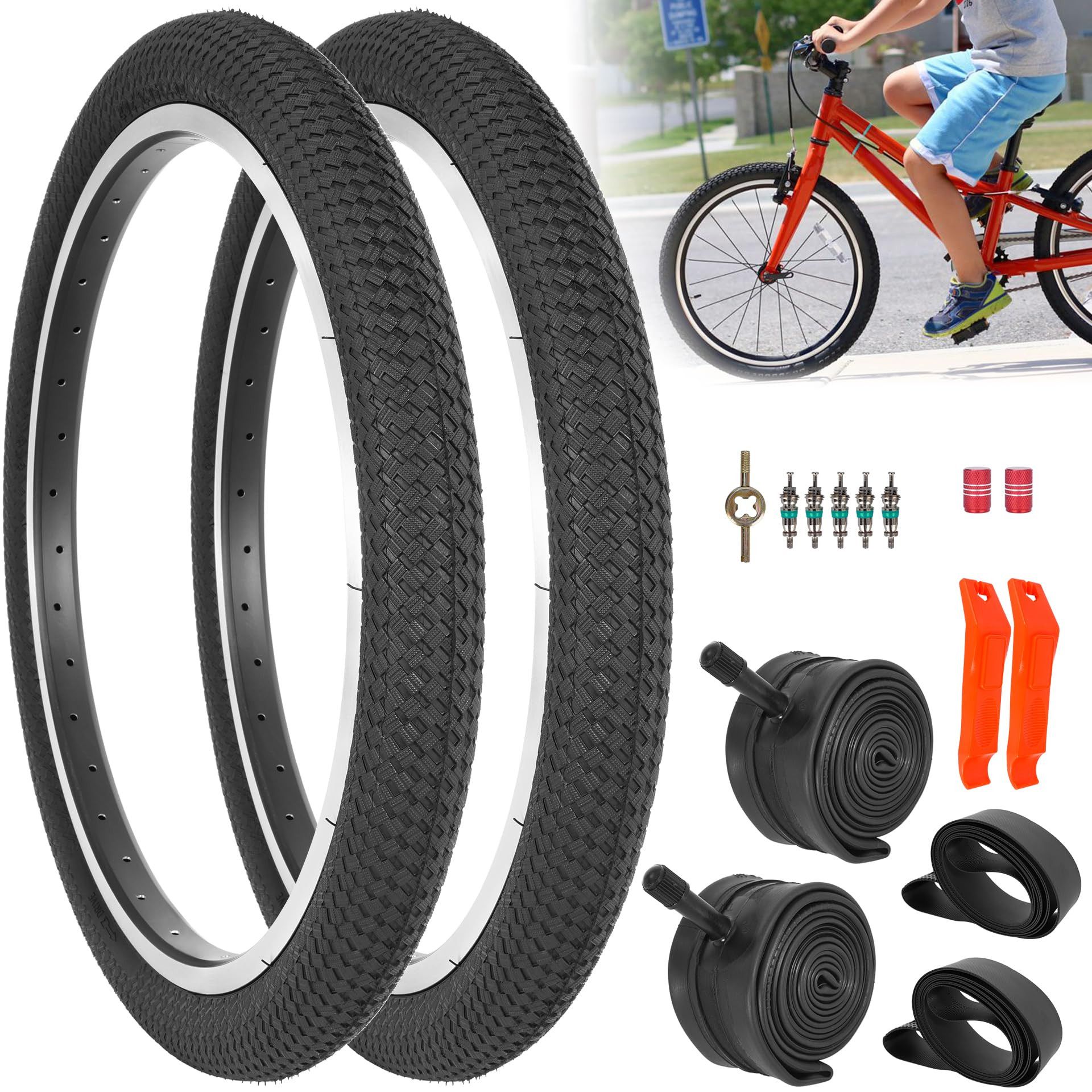 20 Inch Bike Tyre Set with Inner Tubes Mountain & BMX Bicycle Tyres 56-406 - Black 20x1.95/2.10