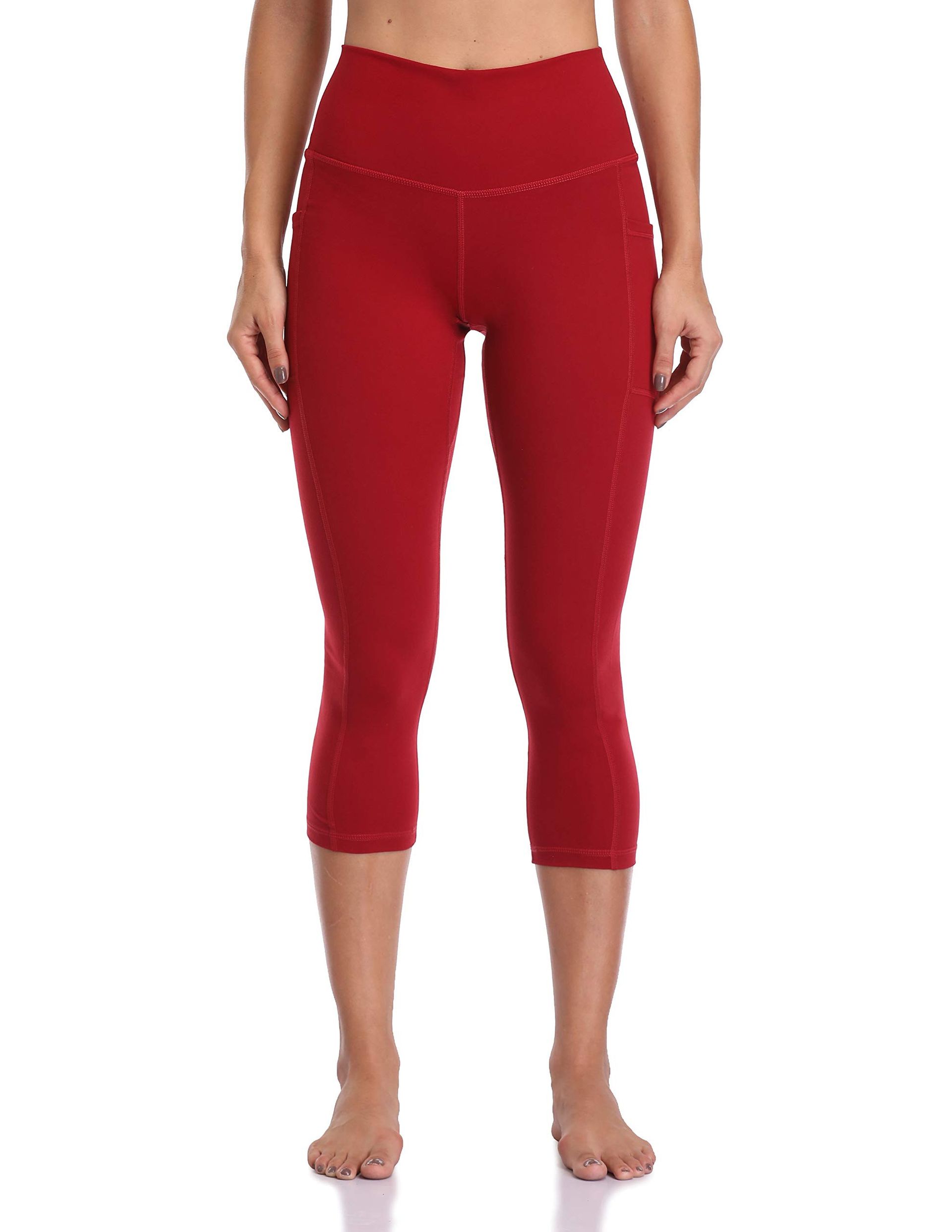 Women's High Waisted Cropped Yoga Leggings with Side Pockets Comfortable 3/4 Capris - Rose Red XL