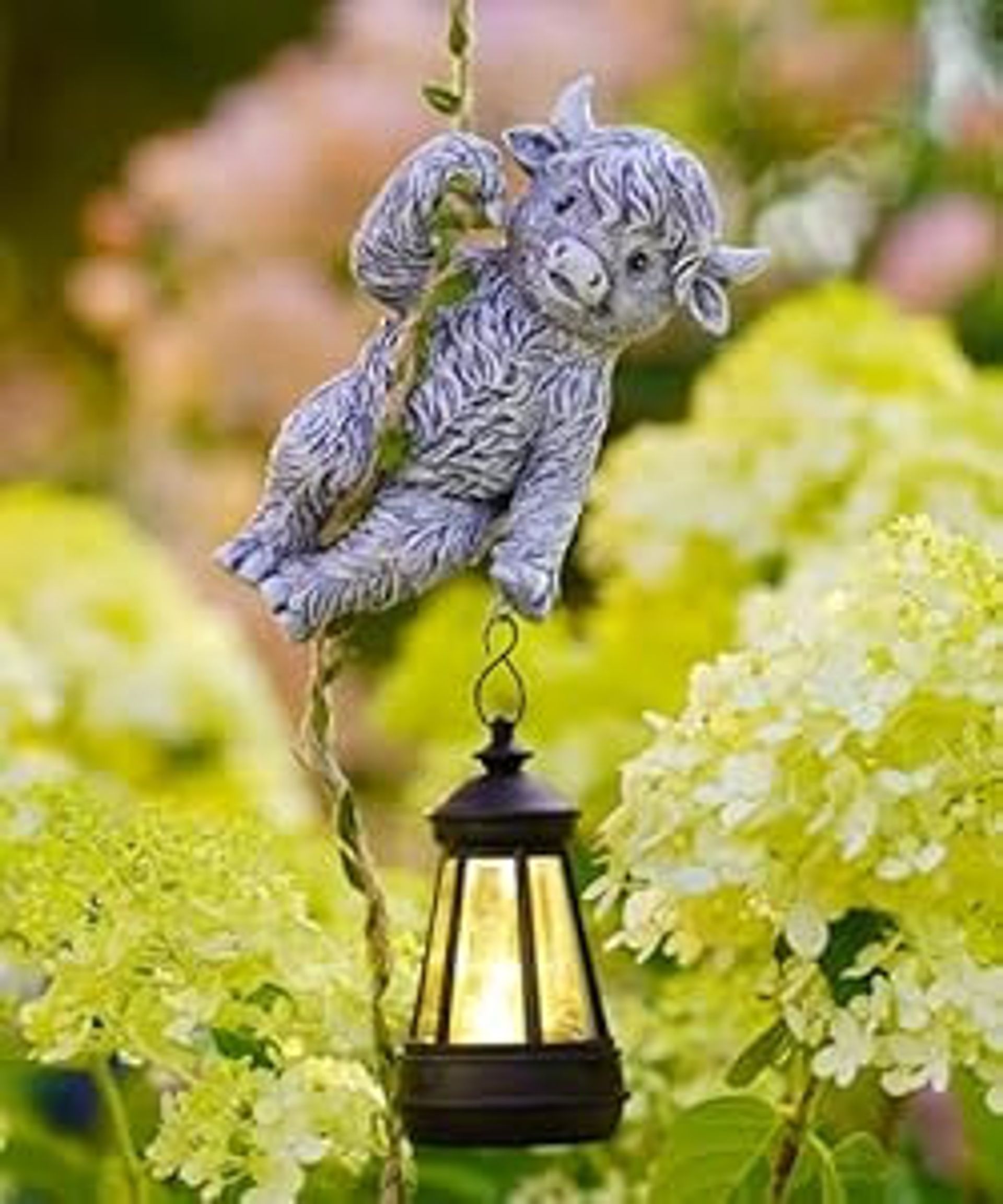Solar Hanging Highland Cow Garden Statue with LED Lantern Rope Décor for Tree or Porch - Grey Cow - Spring Refresh