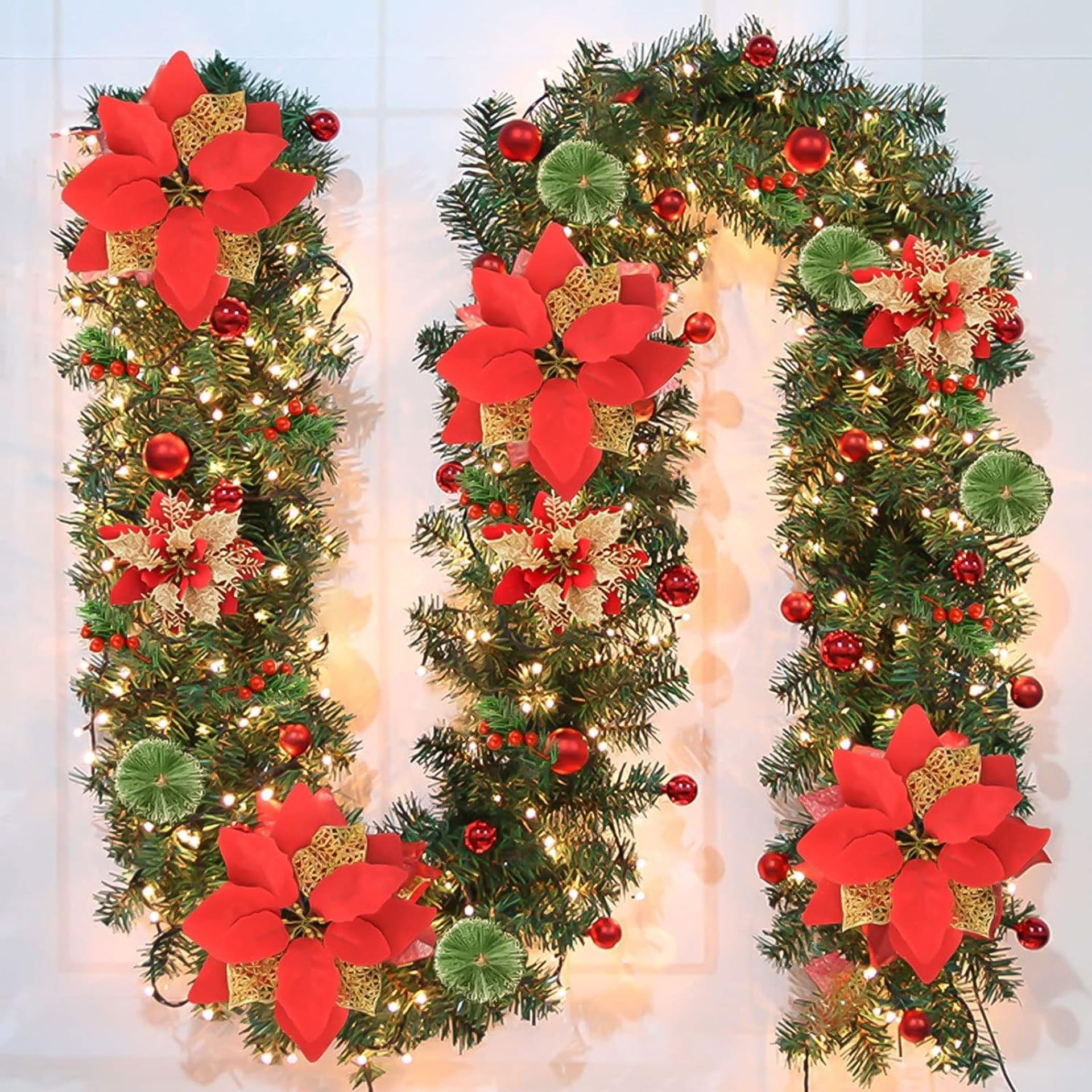 Pre-Lit Christmas Garland with LED Lights, Berries and Flowers for Stair Rails, Mantels and Doorways - Red 270CM