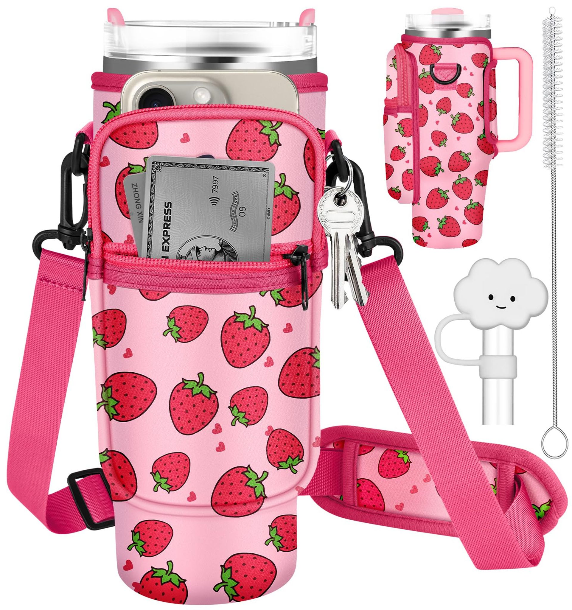 Water Bottle Holder Carrier Bag for 40oz Stanley Cup with Adjustable Shoulder Strap, Phone Pocket, Straw Cover & Cleaner Brush - Light Pink Strawberry