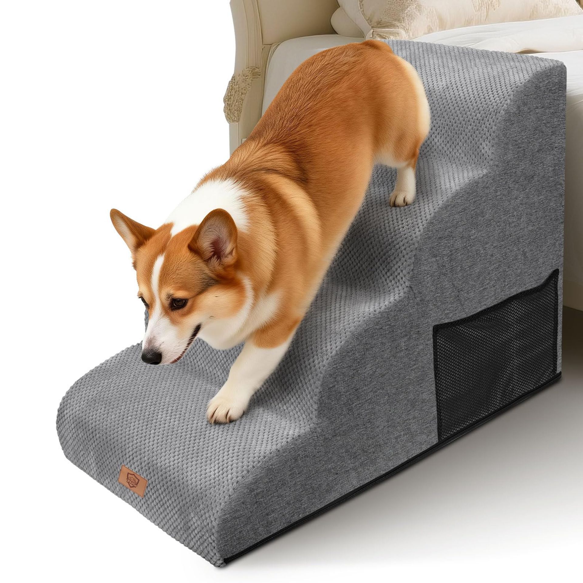 4-Step Dog Steps for Bed and Sofa Waterproof High-Density Foam Stairs with Removable Washable Cover - Grey Even
