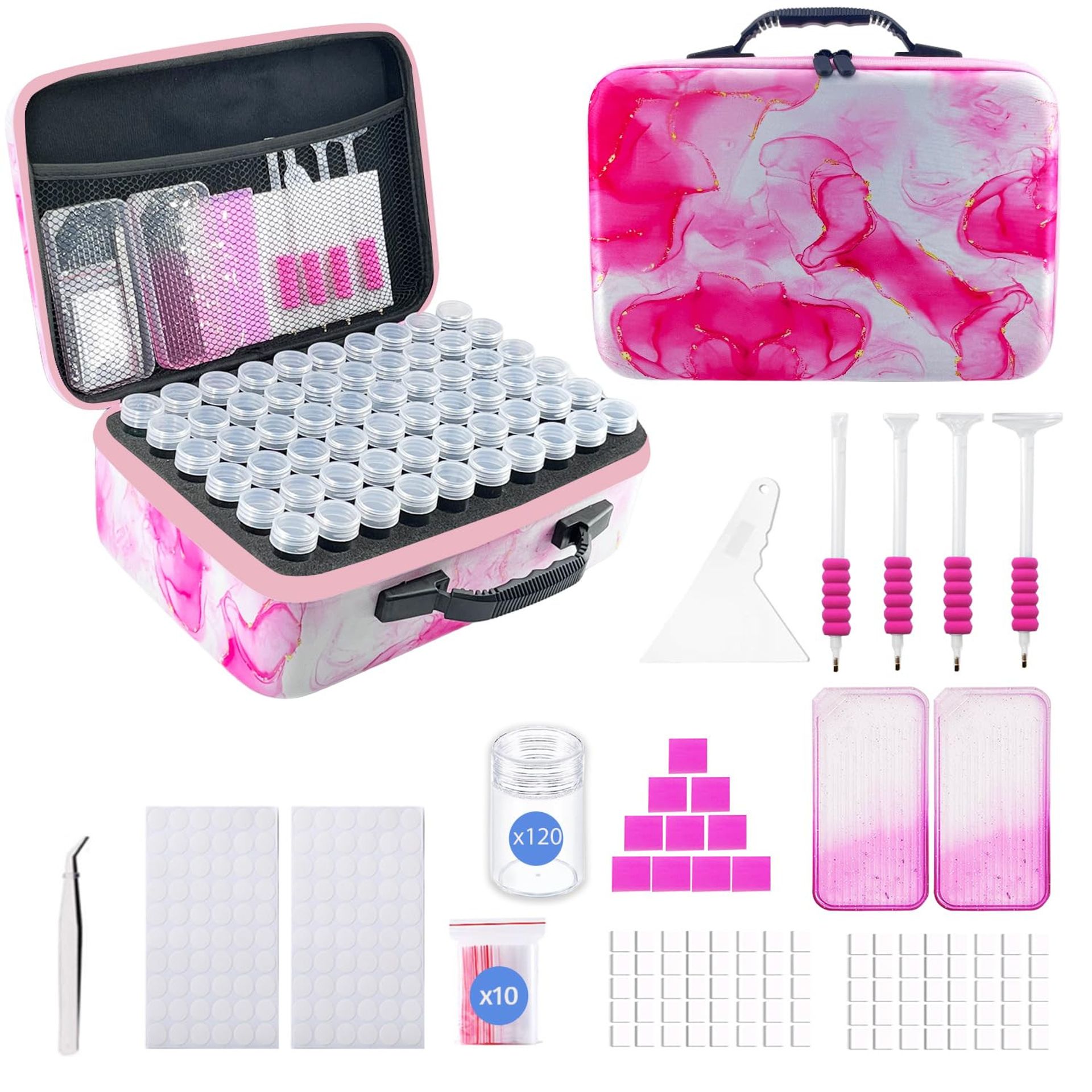 Diamond Art Storage Case with 120 Slot Jars & Drill Tools for Bead Painting Crafts - Pink L