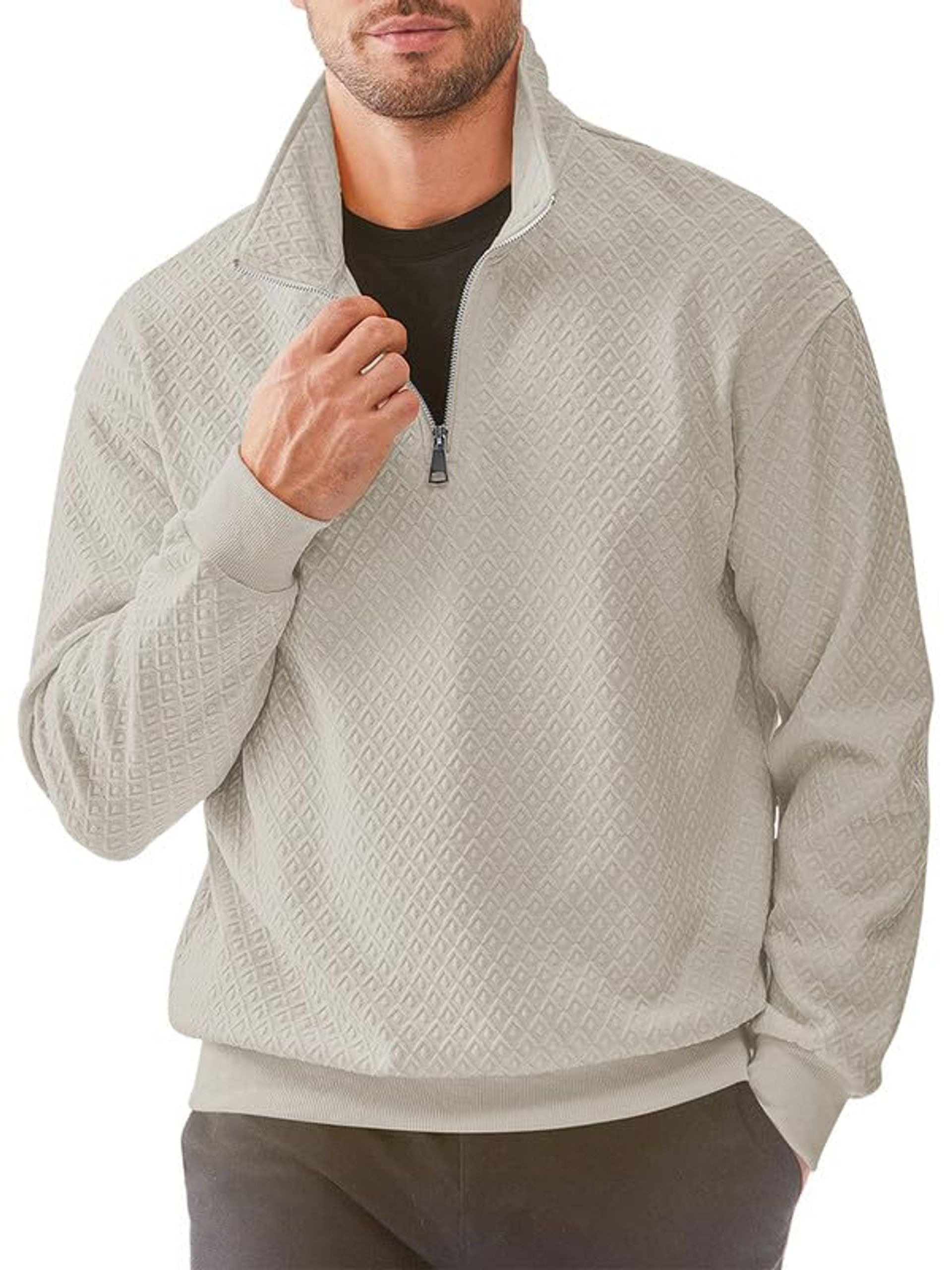 Men's 1/2 Zip Waffle Knit Pullover Jumper Casual Long Sleeve Sweater - Beige XXL