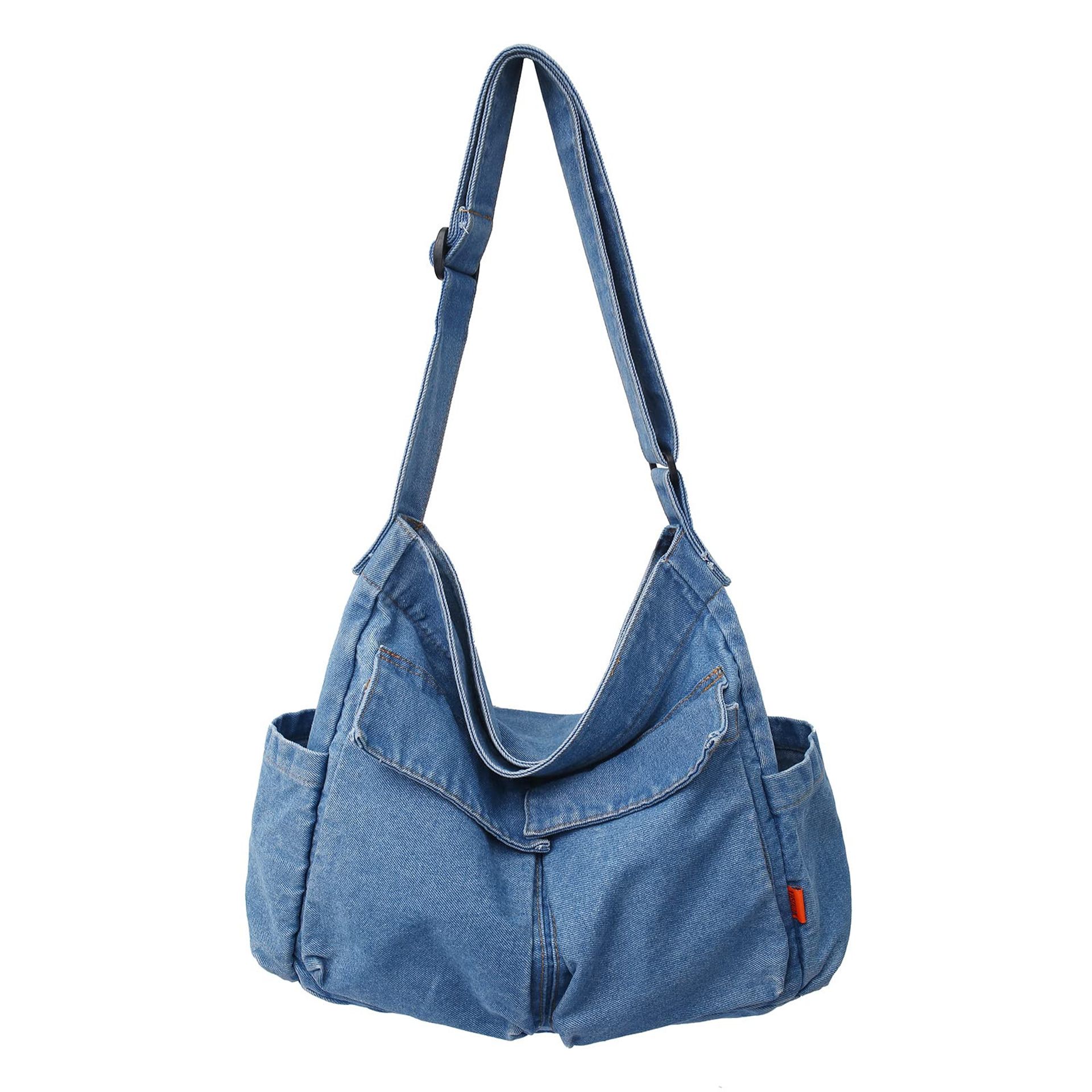 Women's Canvas Shoulder Bag Large Hobo Crossbody Denim Messenger Tote - Light Blue L - Student Essentials