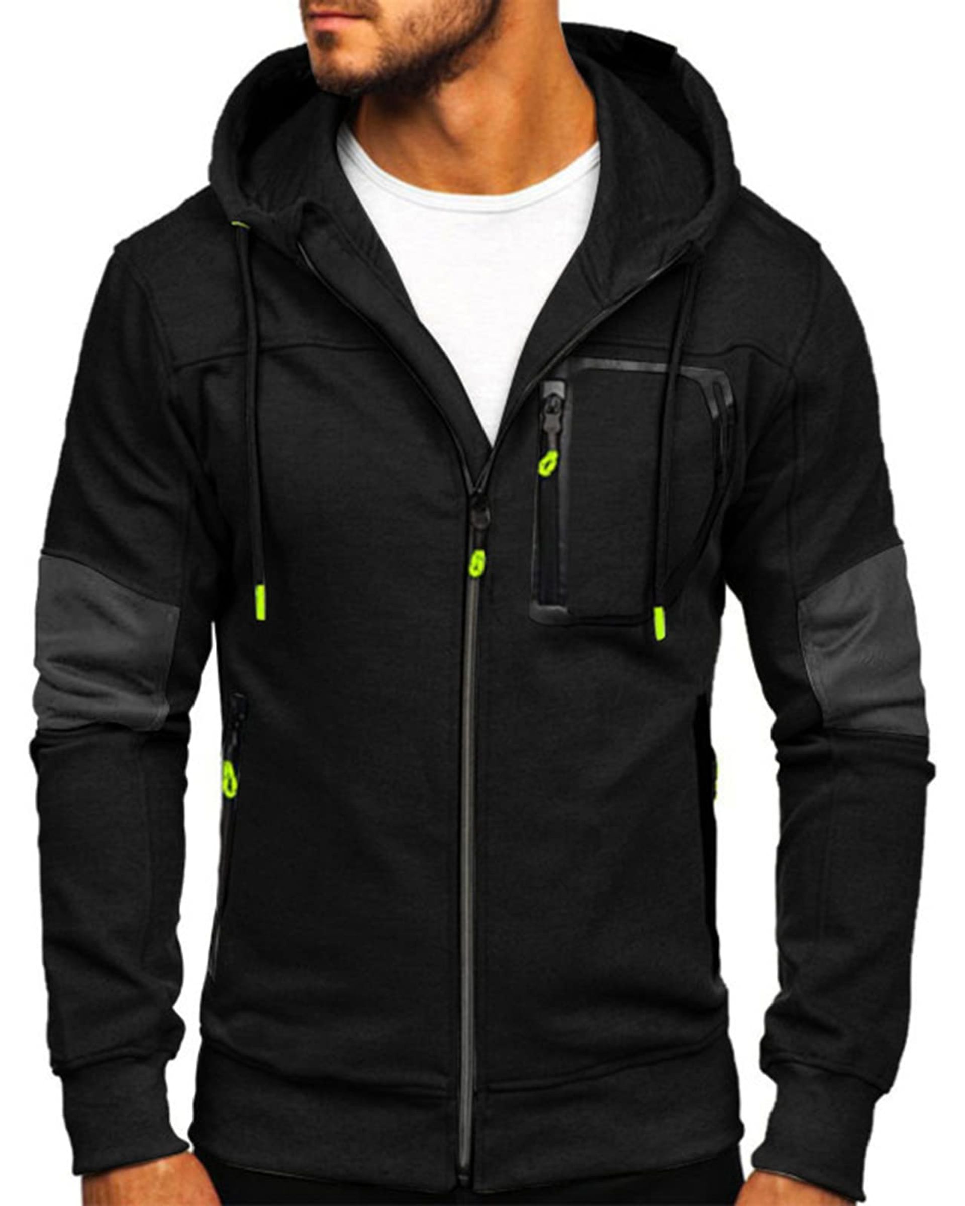Men's Zip Up Hoodie Casual Long Sleeve Fleece Work Sweatshirt Hoody Jumper - Black XXL