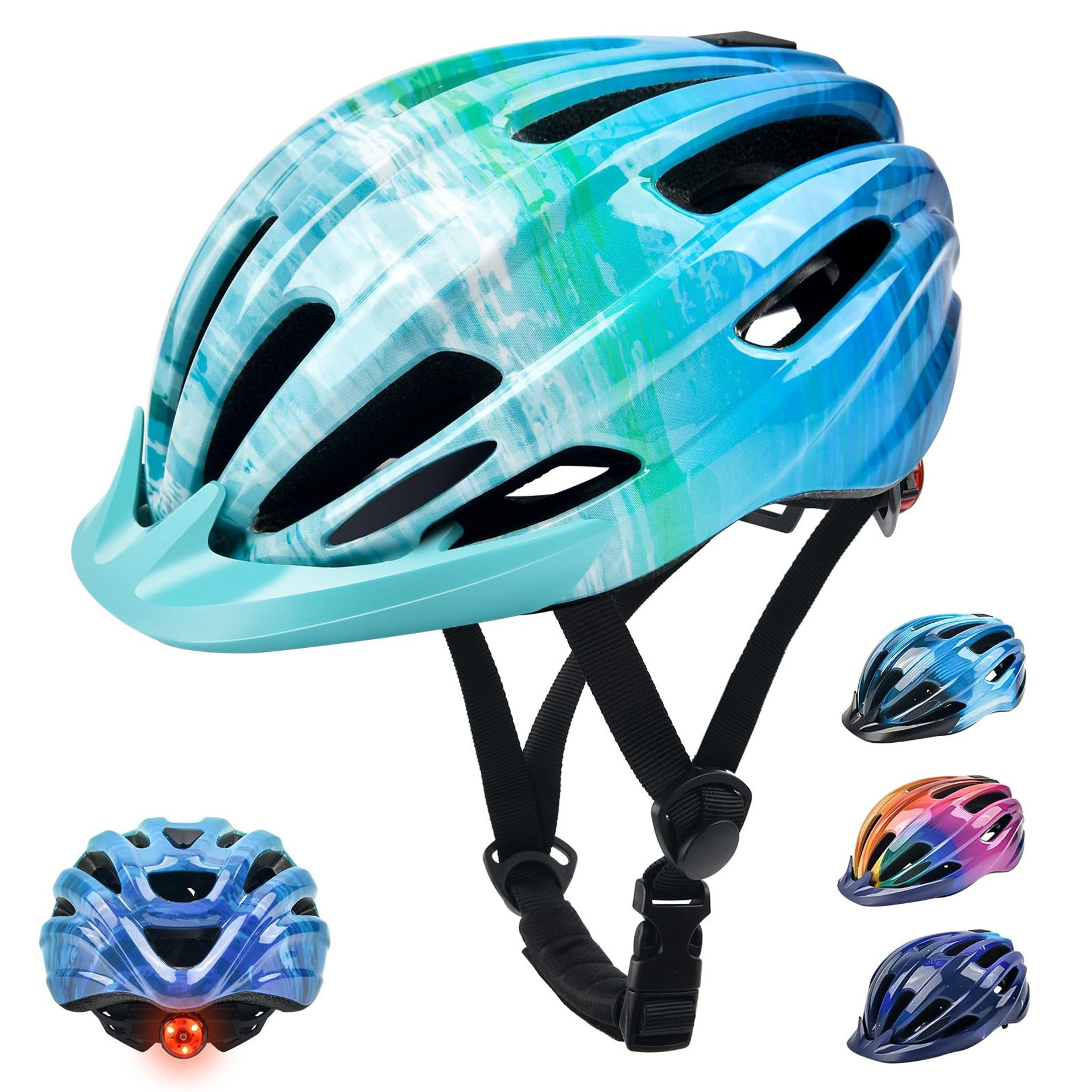 Kids Bike Helmet with Rear Light & Detachable Visor for Boys and Girls - Ocean Blue 50-57CM