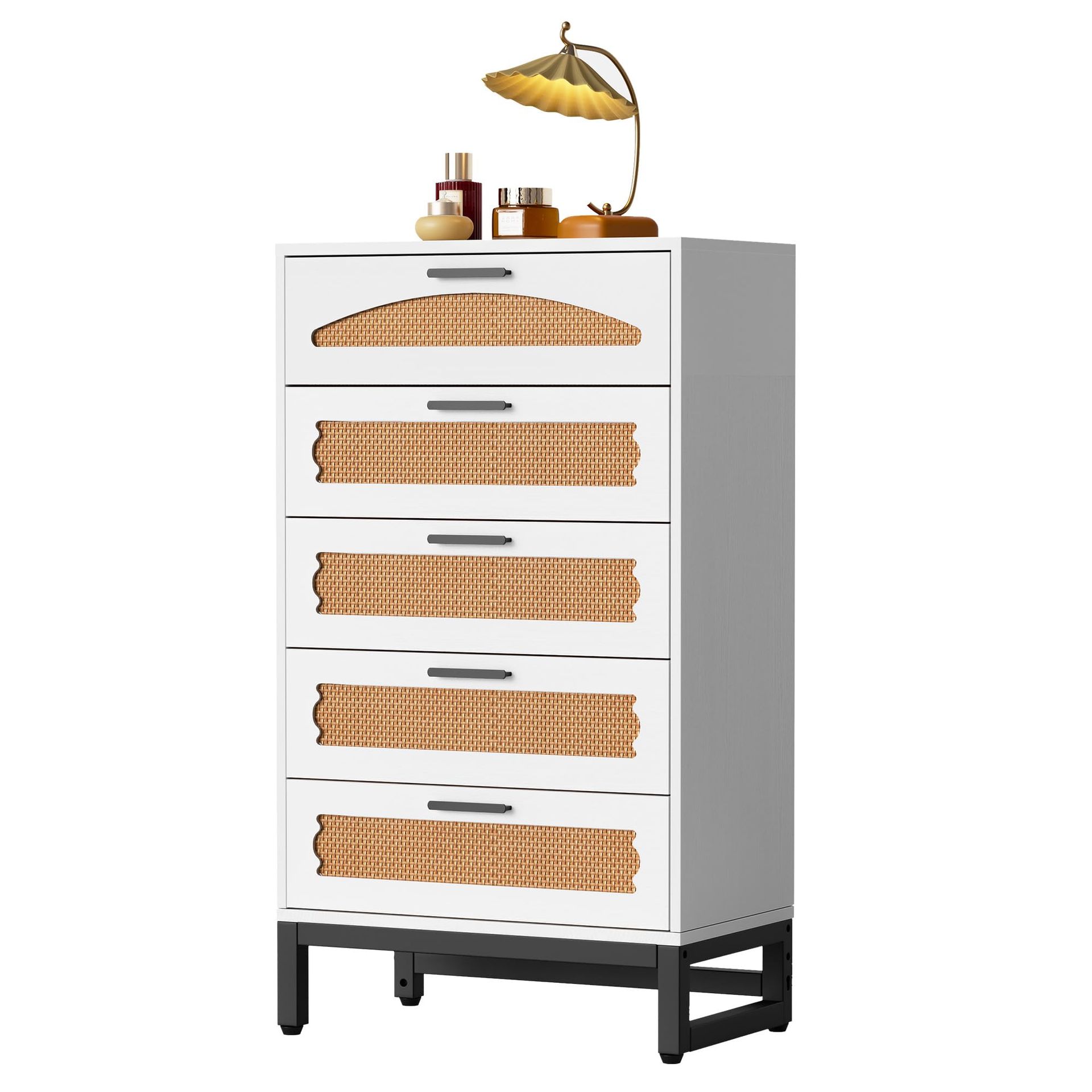 Rattan 5 Drawer Dresser Chest with Wooden Frame, Spacious Storage, Modern Handles and Legs - White 61.8x34x102 cm 5D