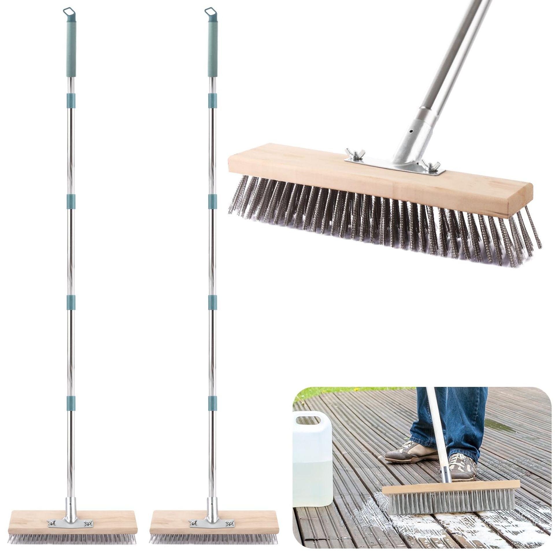 2Pcs Heavy Duty Stainless Steel Wire Broom Long Handle Scrubbing Brush for Garden Patio Deck Concrete Floor - Wood 30x160cm