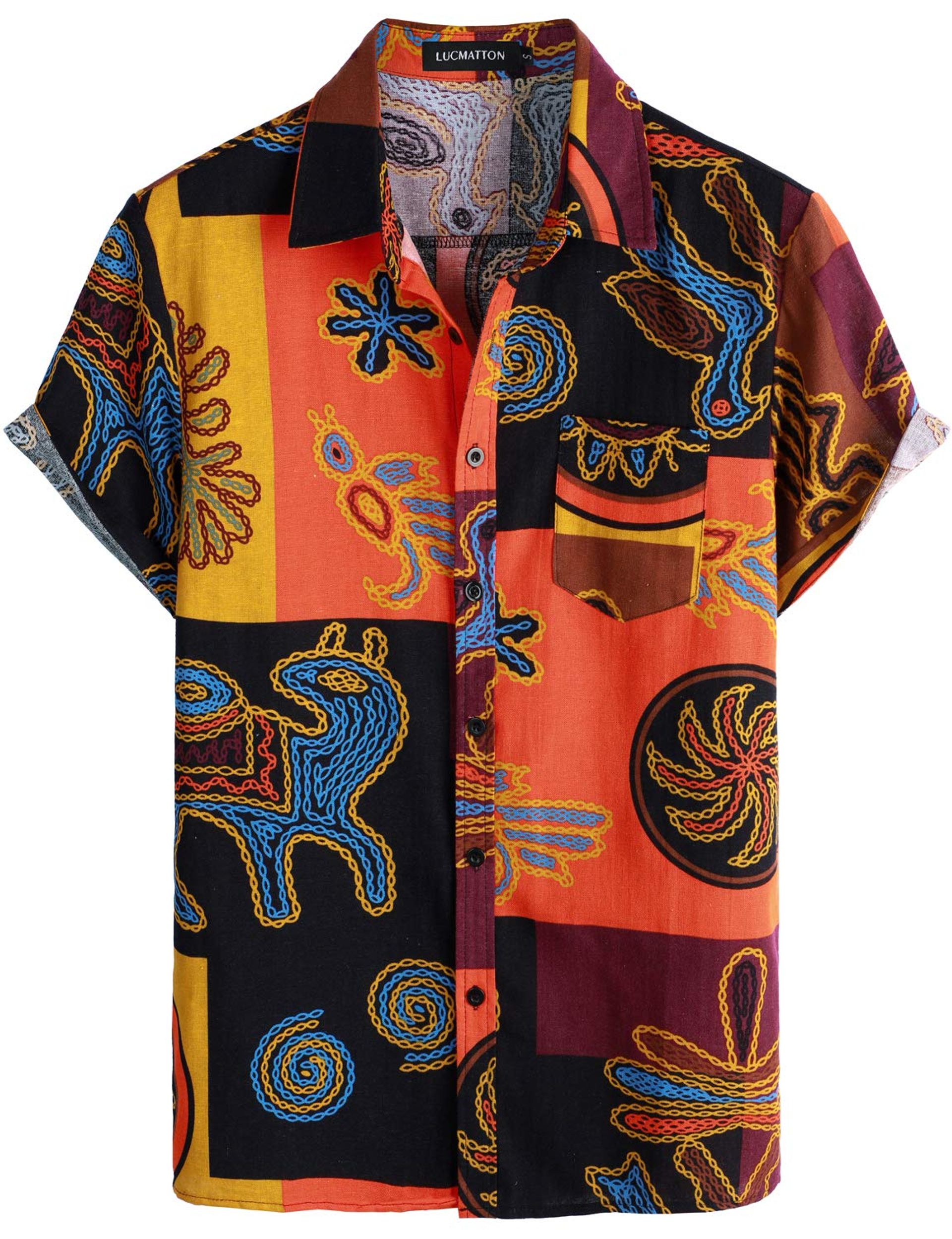 Men's Linen African Traditional Floral Print Short Sleeve Button Down Hawaiian Shirt - Yellow Small