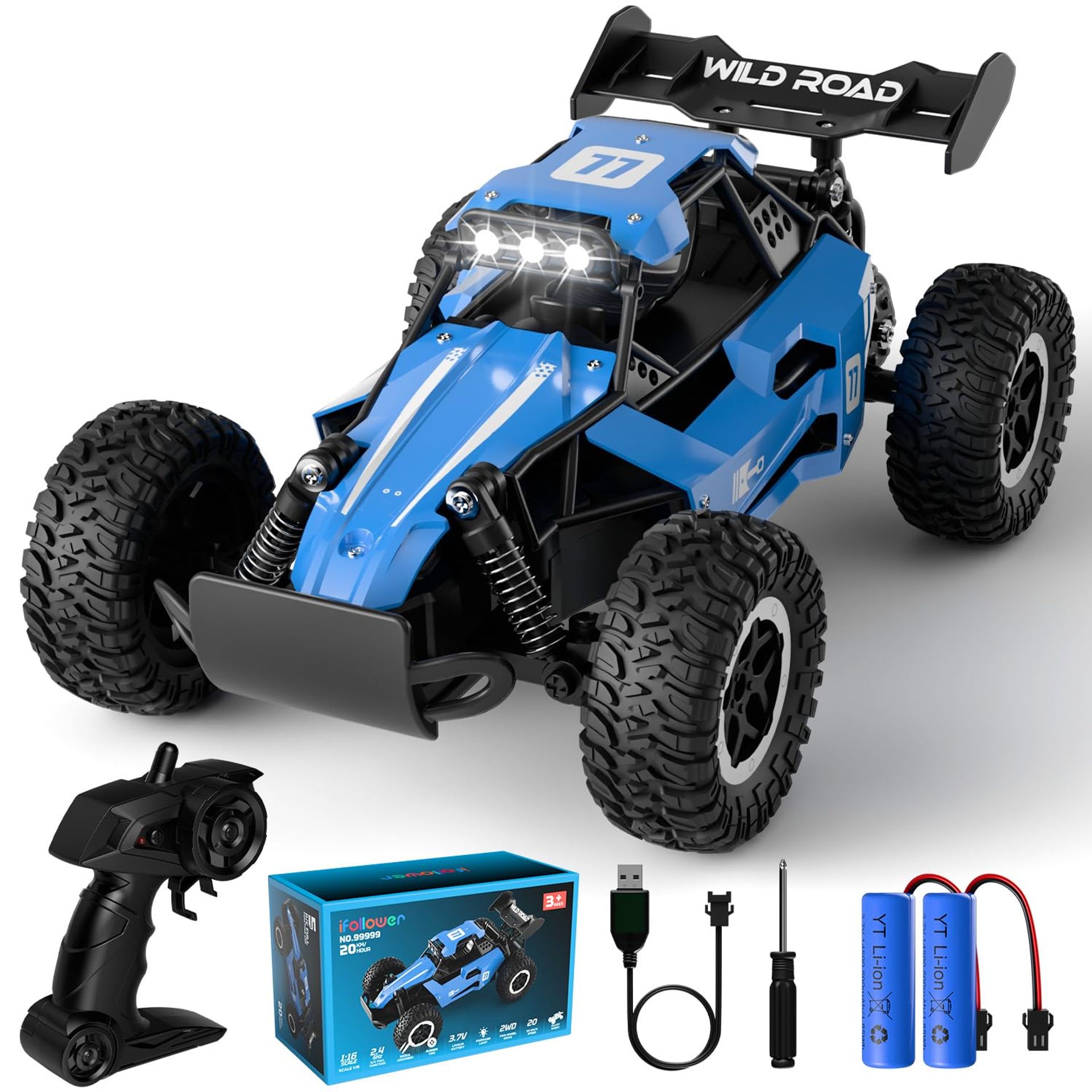 Remote Control Car 20KM/H 1:16 Off-Road Stunt RC Truck with LED Lights 2.4G 2WD for Kids Ages 3-12 - Blue 15x19x17cm