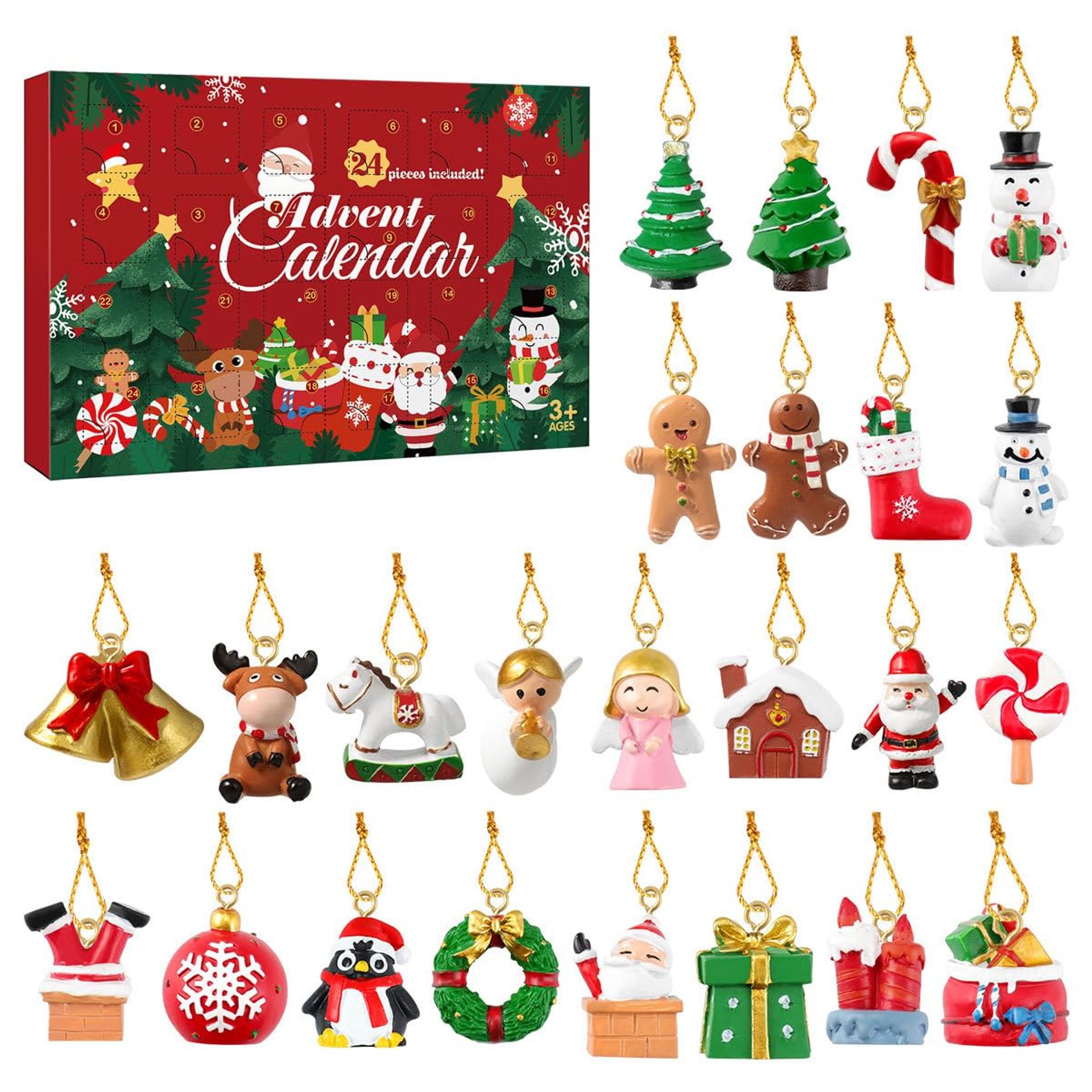 Christmas Advent Calendar 2024 with 24 Mini Hanging Ornaments Santa Snowman Reindeer Angel - As Shown