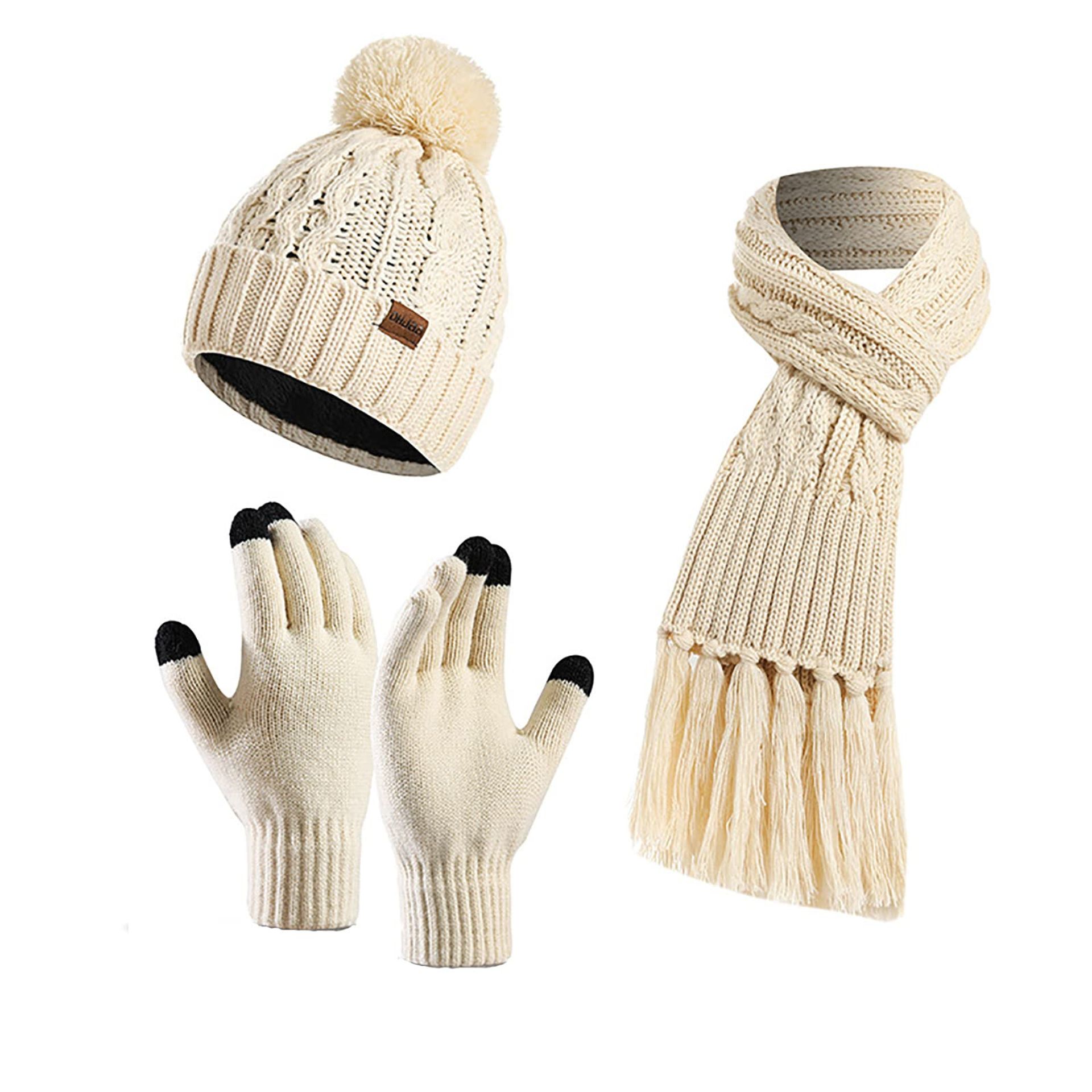Women's Winter Bobble Hat, Scarf and Touchscreen Gloves Set Fleece Lined Warm Knit - Beige One Size