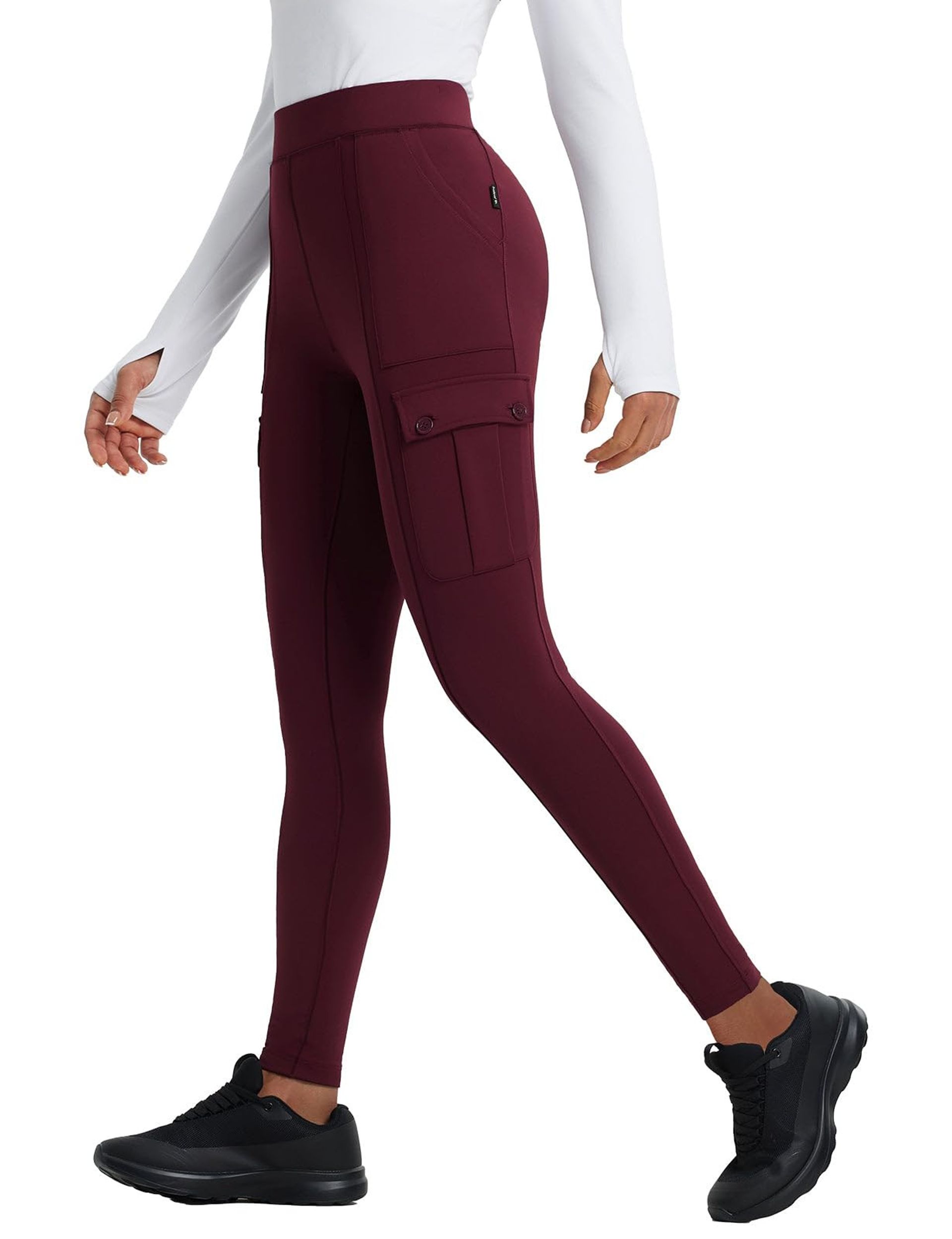 Women's Thermal Leggings Fleece Lined Water Resistant Outdoor Winter Trousers with Pockets - Wine Red XL