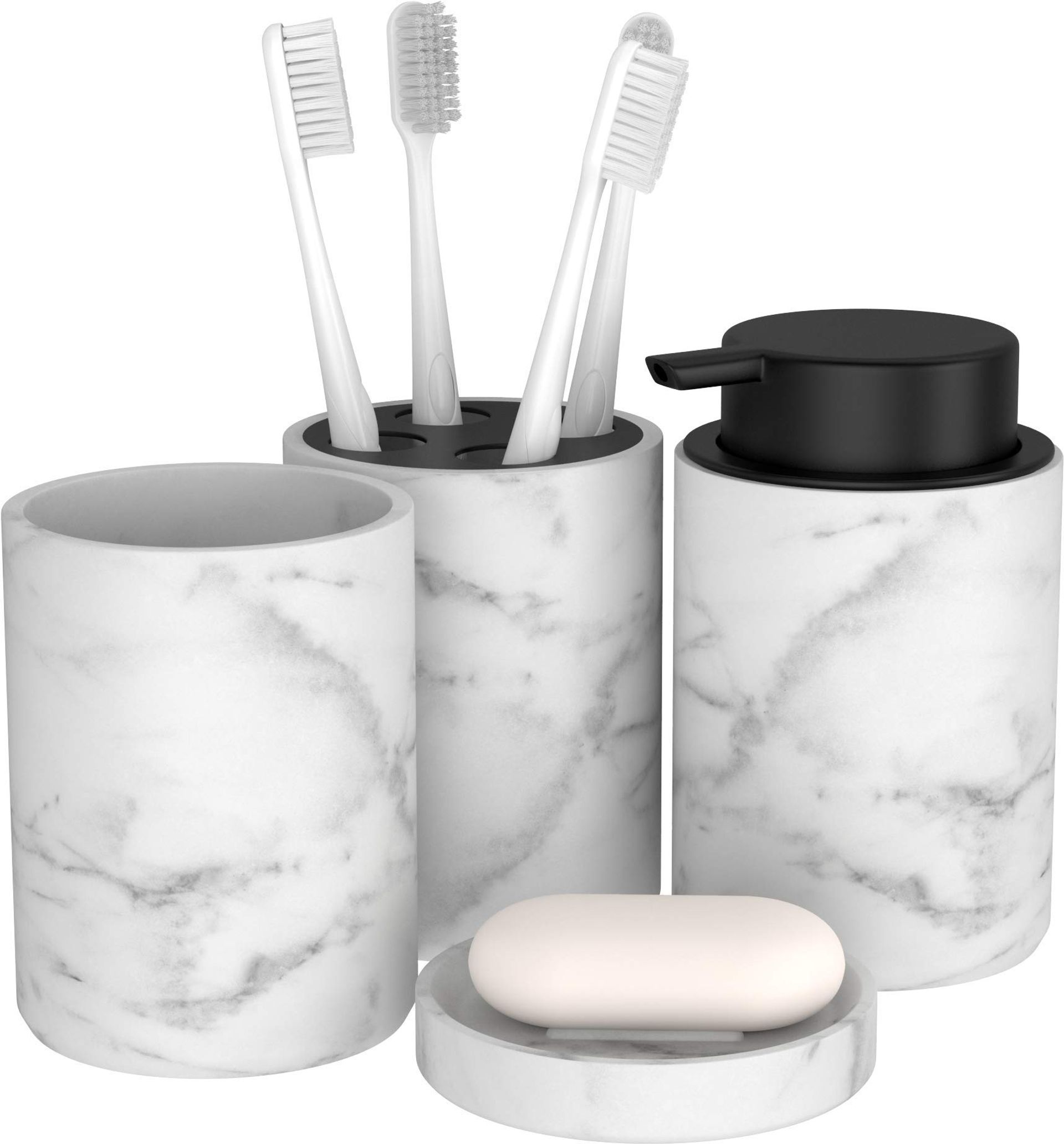 Bathroom Accessories Set 4-Piece Marble Look Soap Dish Dispenser Toothbrush Holder & Tumbler - Black Marble Finish