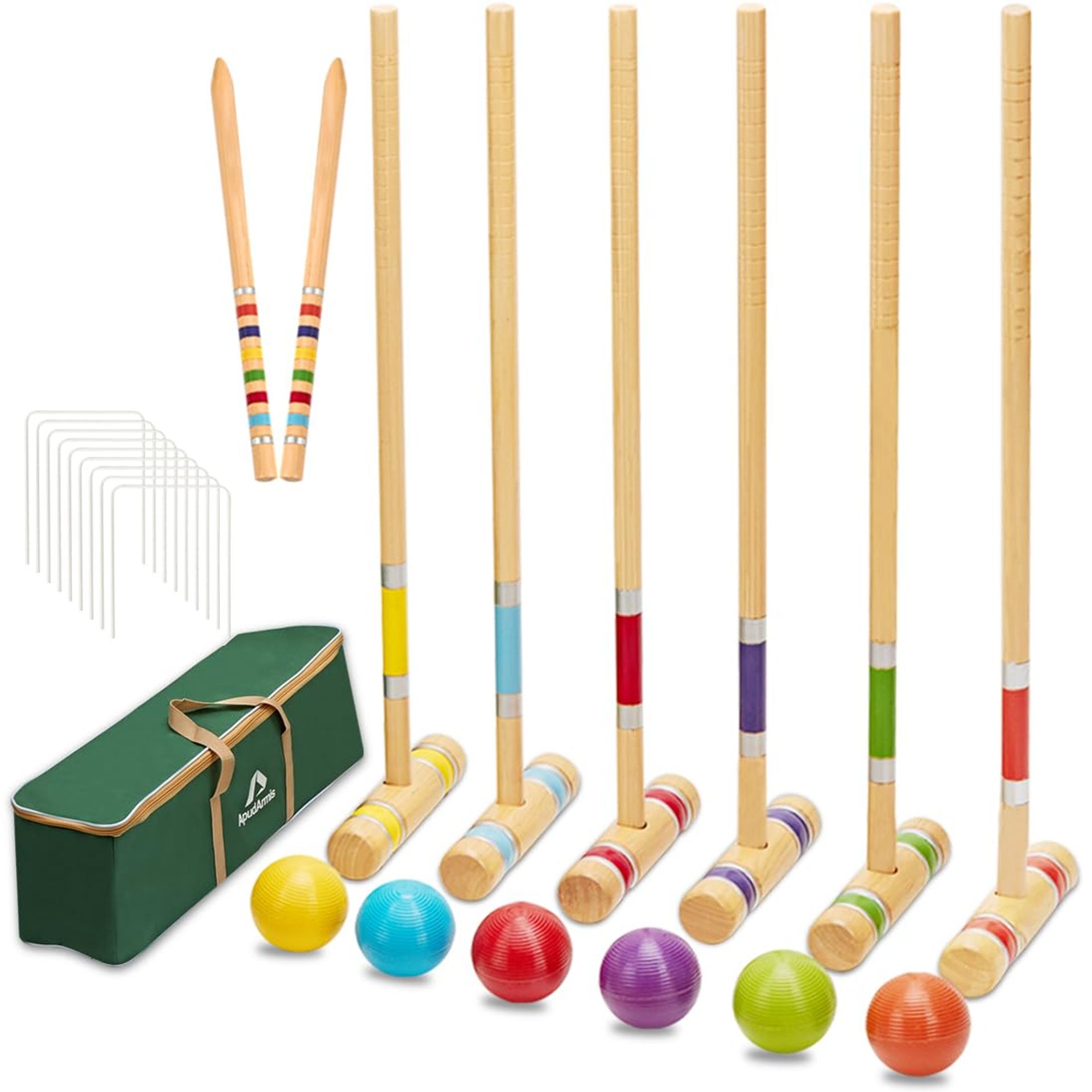 Six Player Croquet Set Premium Pine Mallets, Resin Balls & Carry Bag - Multi-Colour Large