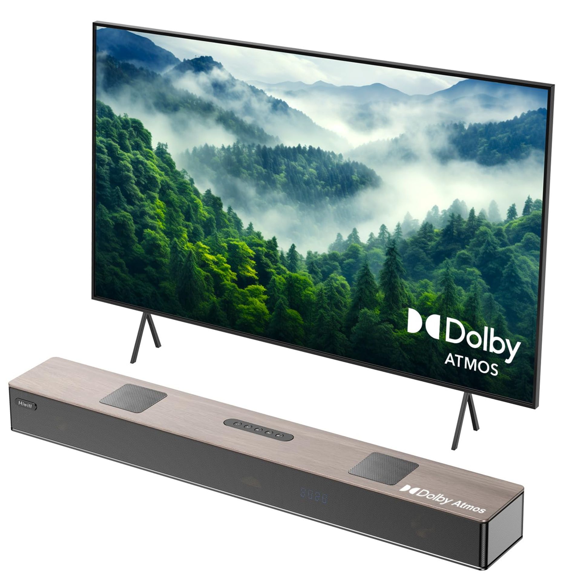 5.2.2ch Wooden Dolby Atmos Soundbar All-in-One TV Speaker System with Dual Subwoofers & HarmonicX Audio - Black WoNoble A502