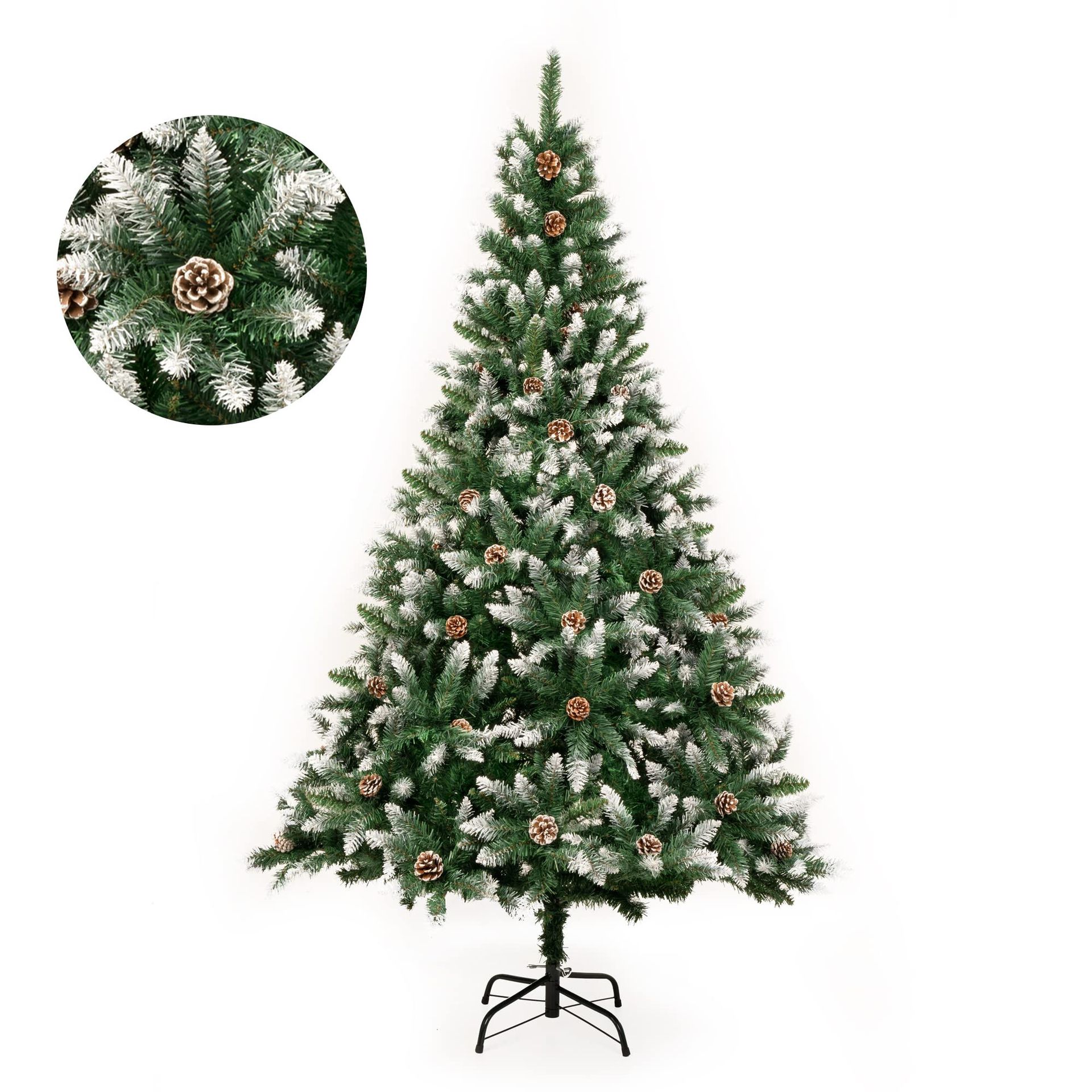Fold-Out Artificial Christmas Tree with Snow and Pine Cones Retractable Design Indoor Decoration - Snow Effect 180cm