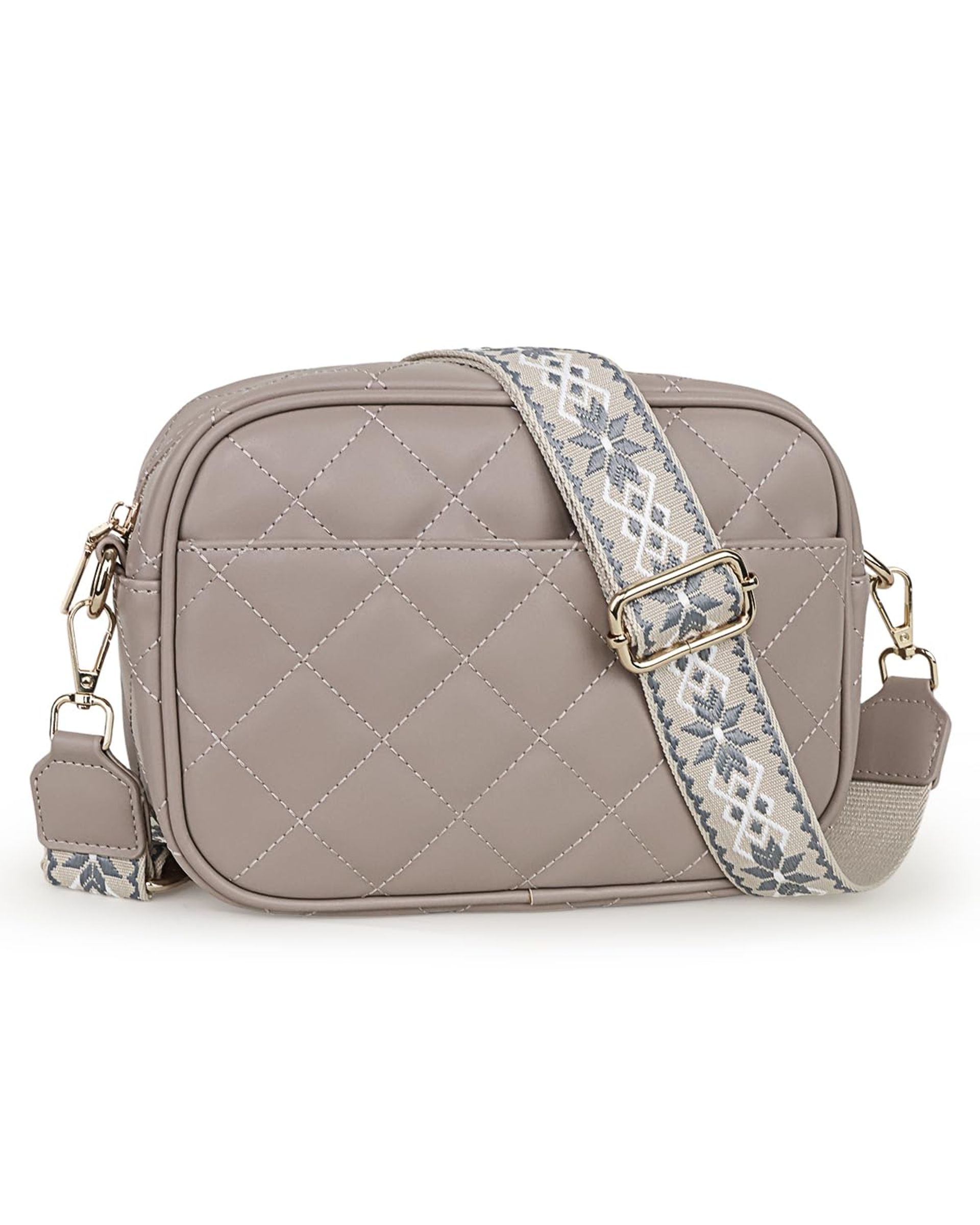Women's Quilted Cross Body Shoulder Bag Vegan Leather Adjustable Strap with Card Slots - Grey M