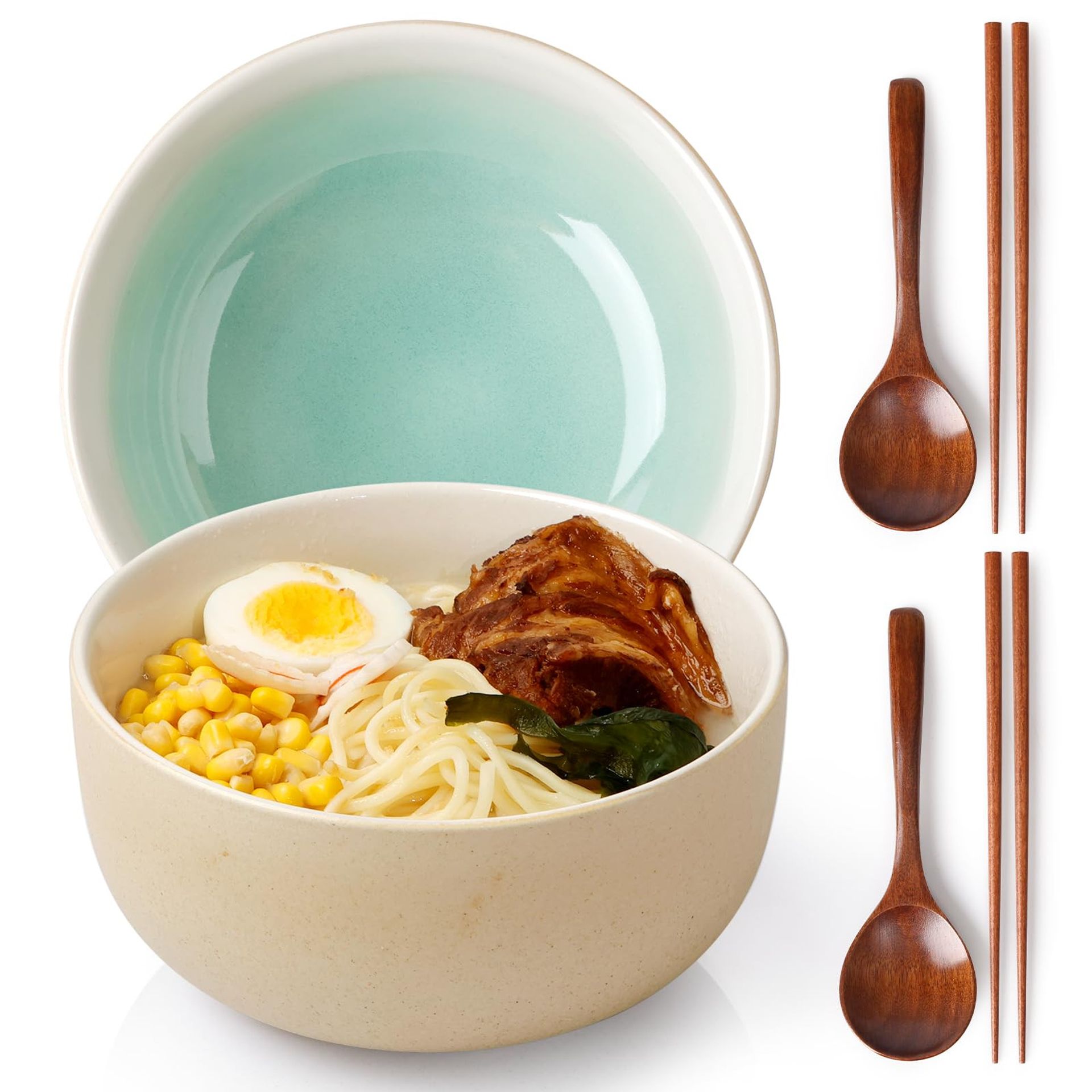 Ceramic Ramen Bowl Set of 2 with Chopsticks & Spoons 1200ml Japanese Retro Design - Kiln-formed White + Cyan 16cm x 8cm - Spring Refresh