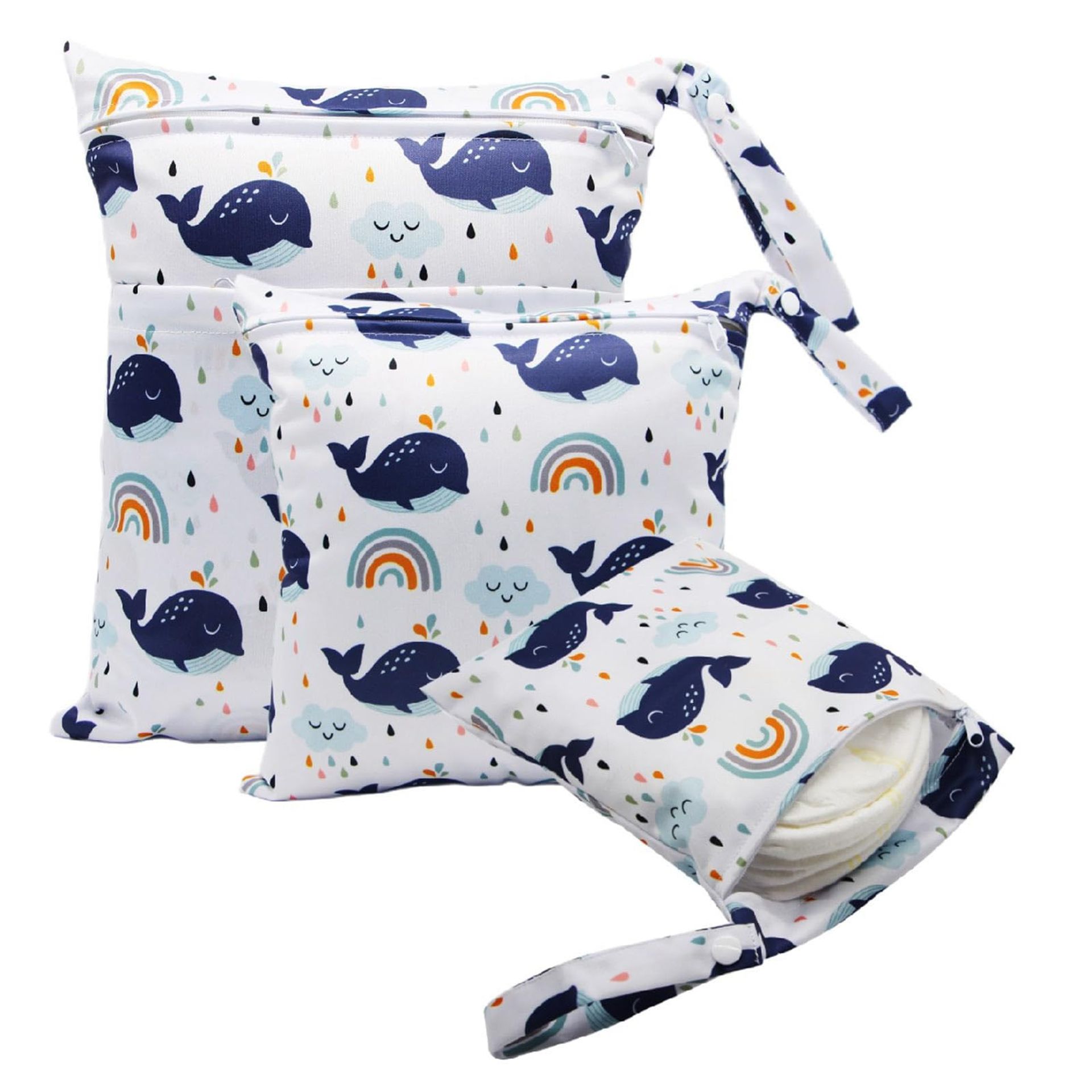 Reusable Waterproof Wet Bags Set of 3 for Nappies, Swimming, Travel, Camping, Beach - Whale L/M/S