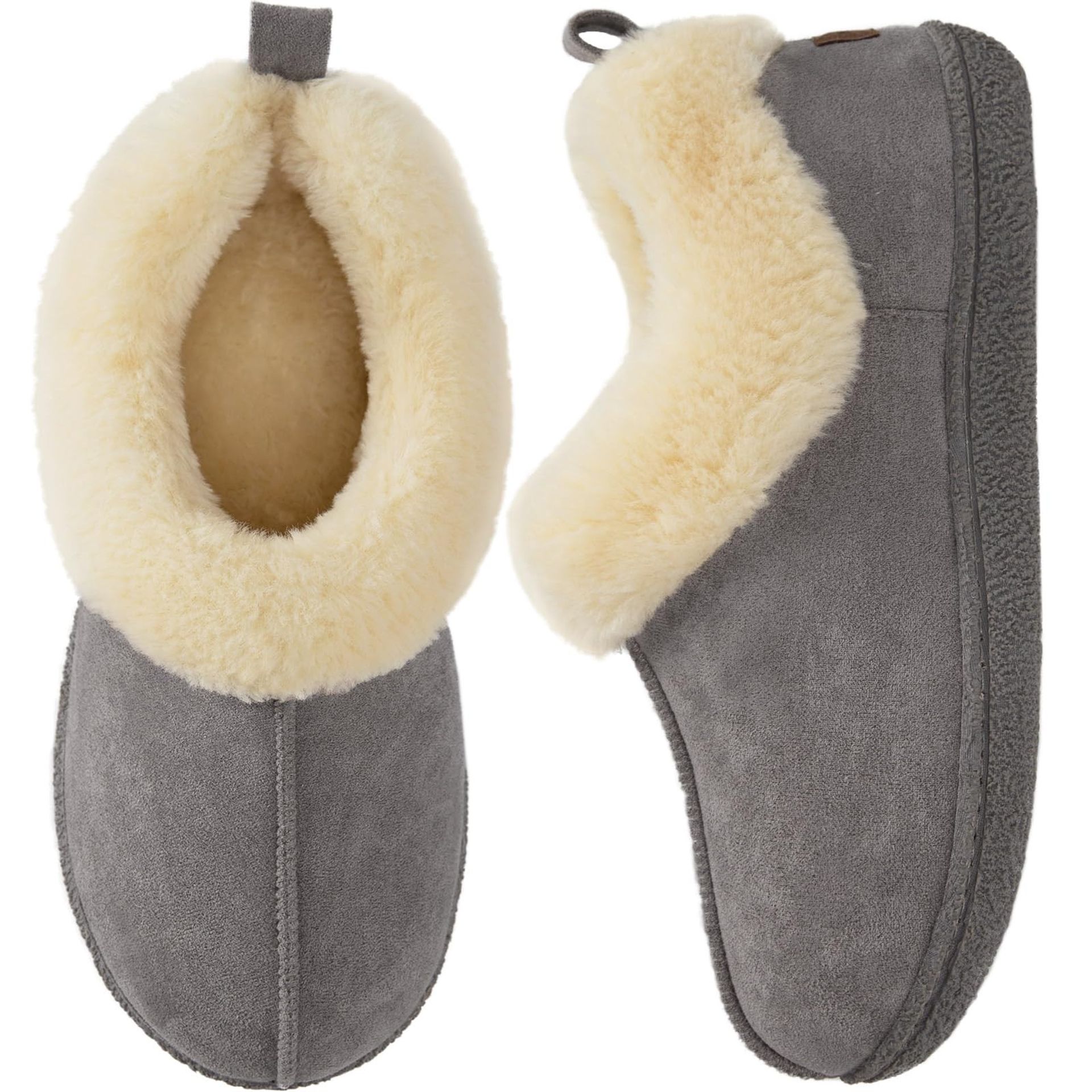 Women's Closed-Back Faux Wool Slippers Warm Fuzzy Collar Non-Slip Indoor Outdoor House Shoes - Dark Grey UK 5/6