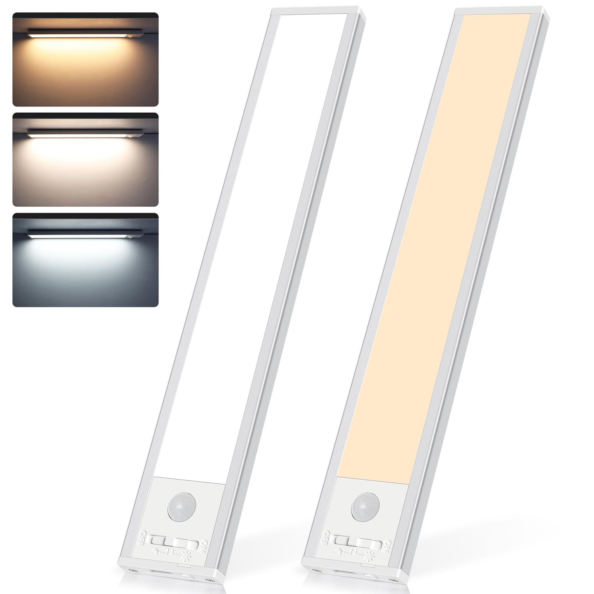 Under Cabinet Motion Sensor Lights 3 Colour Dimmable Rechargeable LED Strip 2 Pack - Silver 39cm