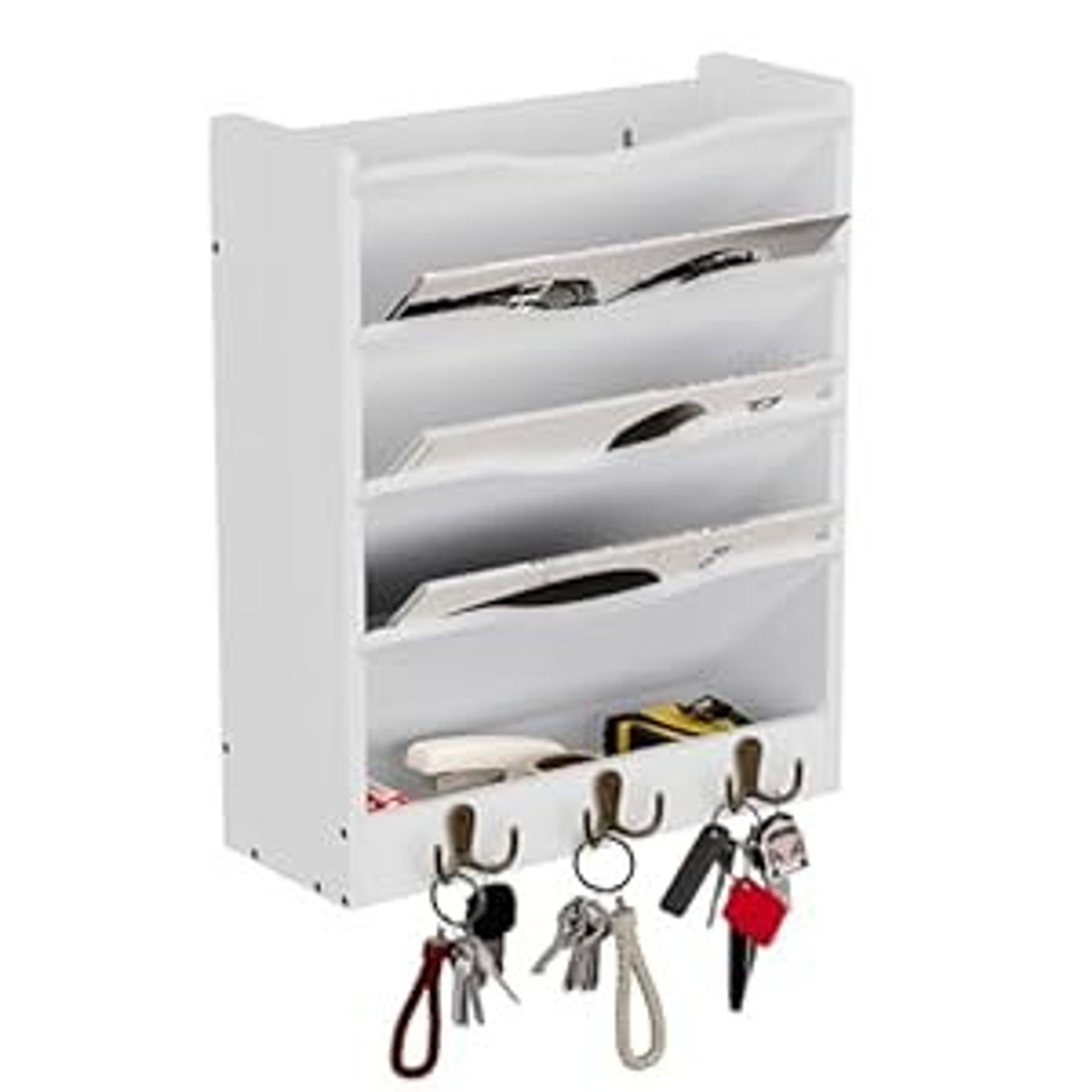 5 Tier Hanging Wall File Holder Wooden Letter & Mail Organiser with 6 Hooks - White 5 Tier